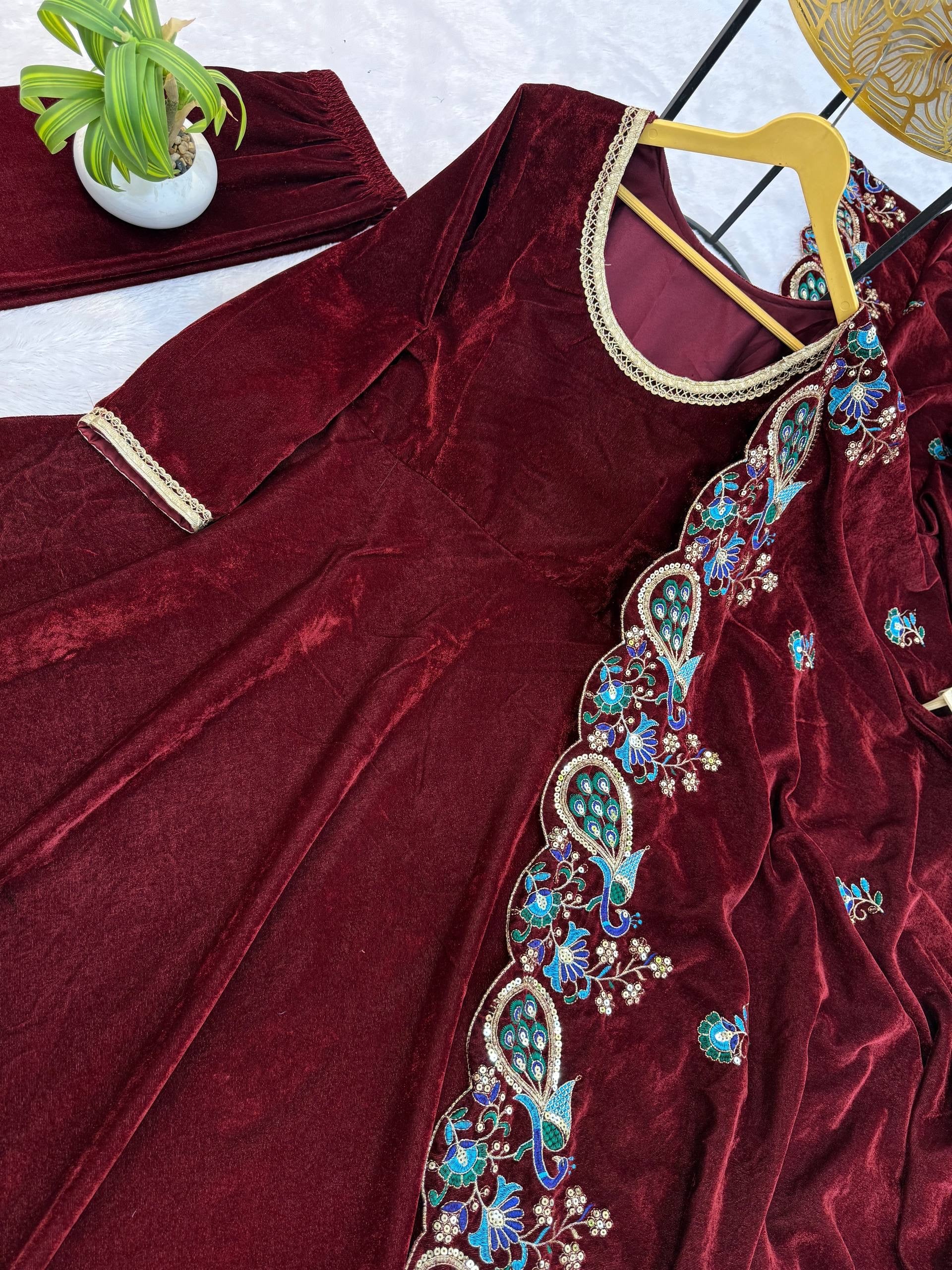 3 PIECE EMBROIDERED GOWN ON VELVET FABRIC WITH HEAVY DUPATTA WORK