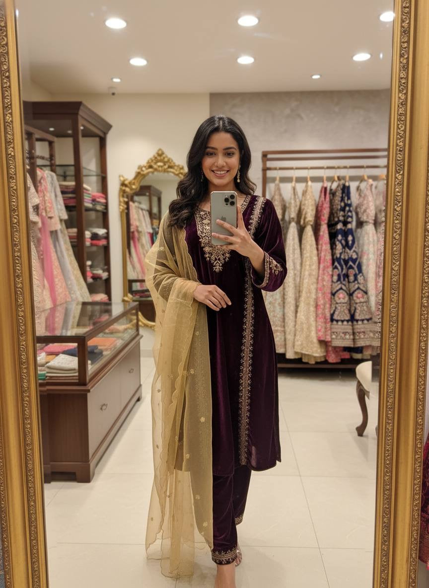 EMBROIDERED KURTI ON VELVET FABRIC WITH DUPATTA AND PLAZZO