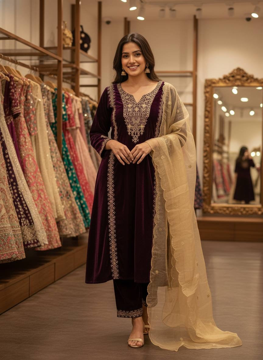 EMBROIDERED KURTI ON VELVET FABRIC WITH DUPATTA AND PLAZZO