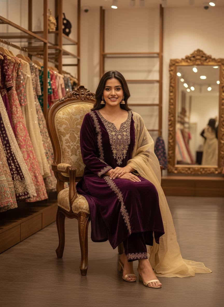 EMBROIDERED KURTI ON VELVET FABRIC WITH DUPATTA AND PLAZZO
