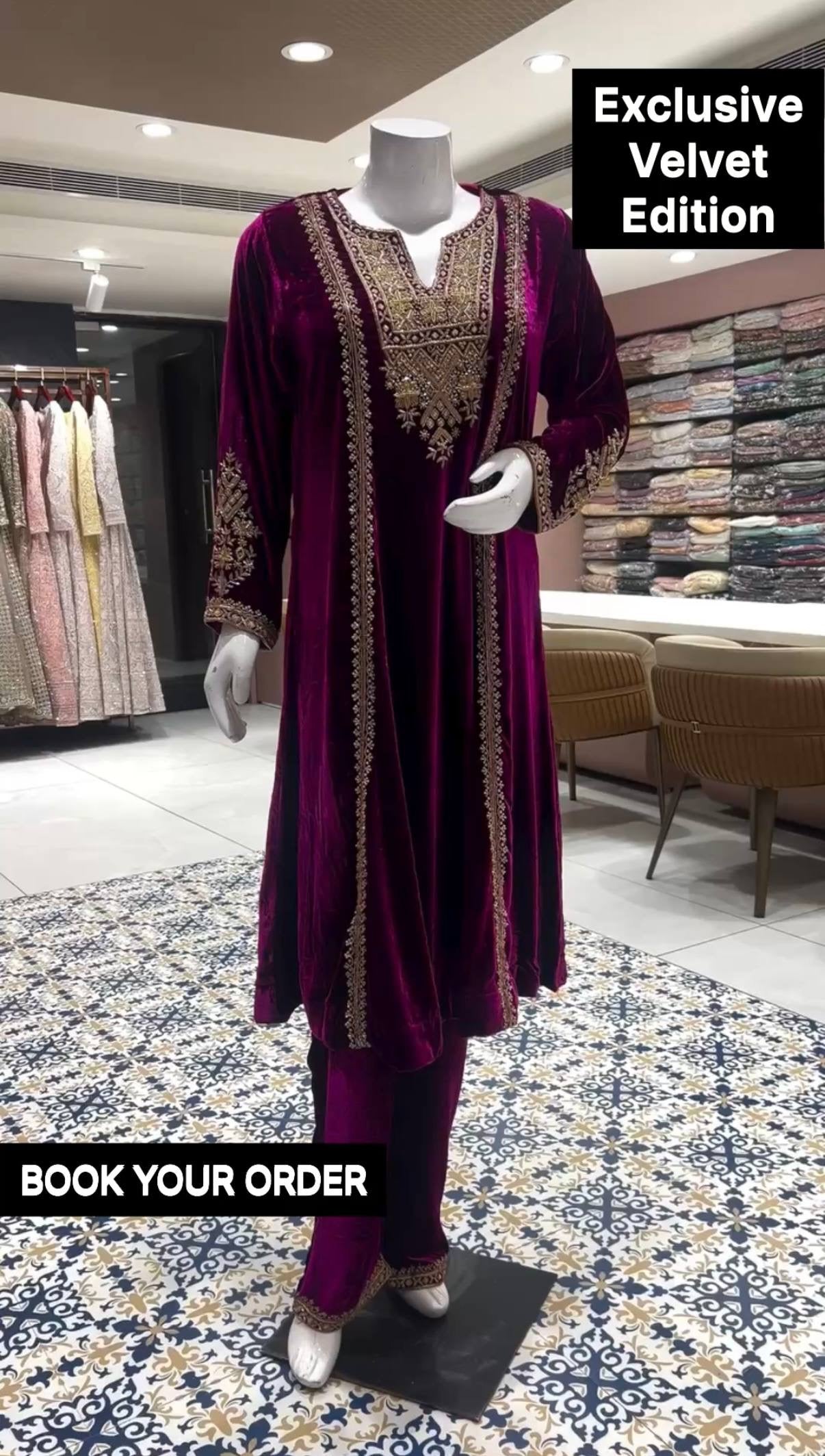 EMBROIDERED KURTI ON VELVET FABRIC WITH DUPATTA AND PLAZZO