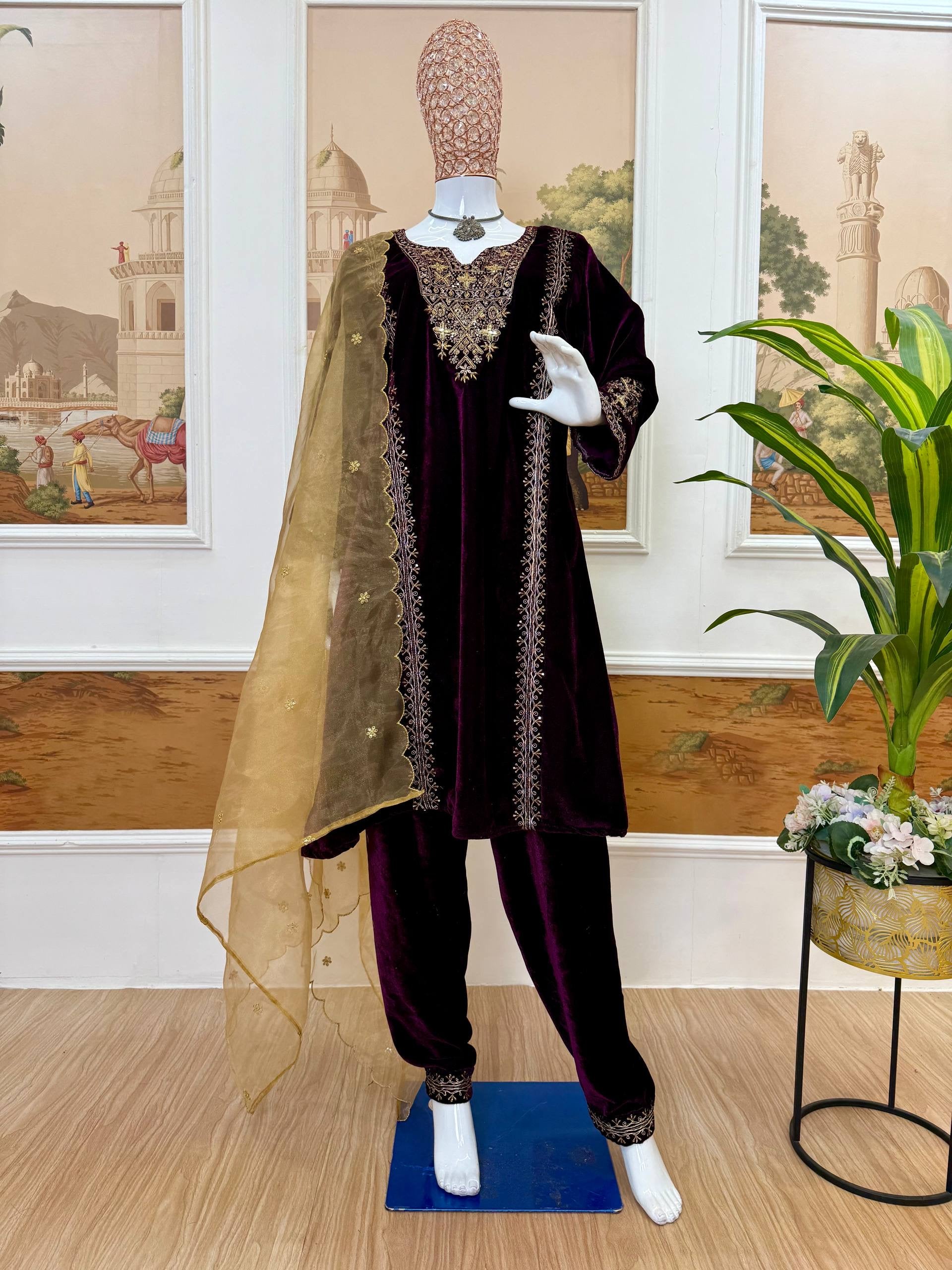 EMBROIDERED KURTI ON VELVET FABRIC WITH DUPATTA AND PLAZZO