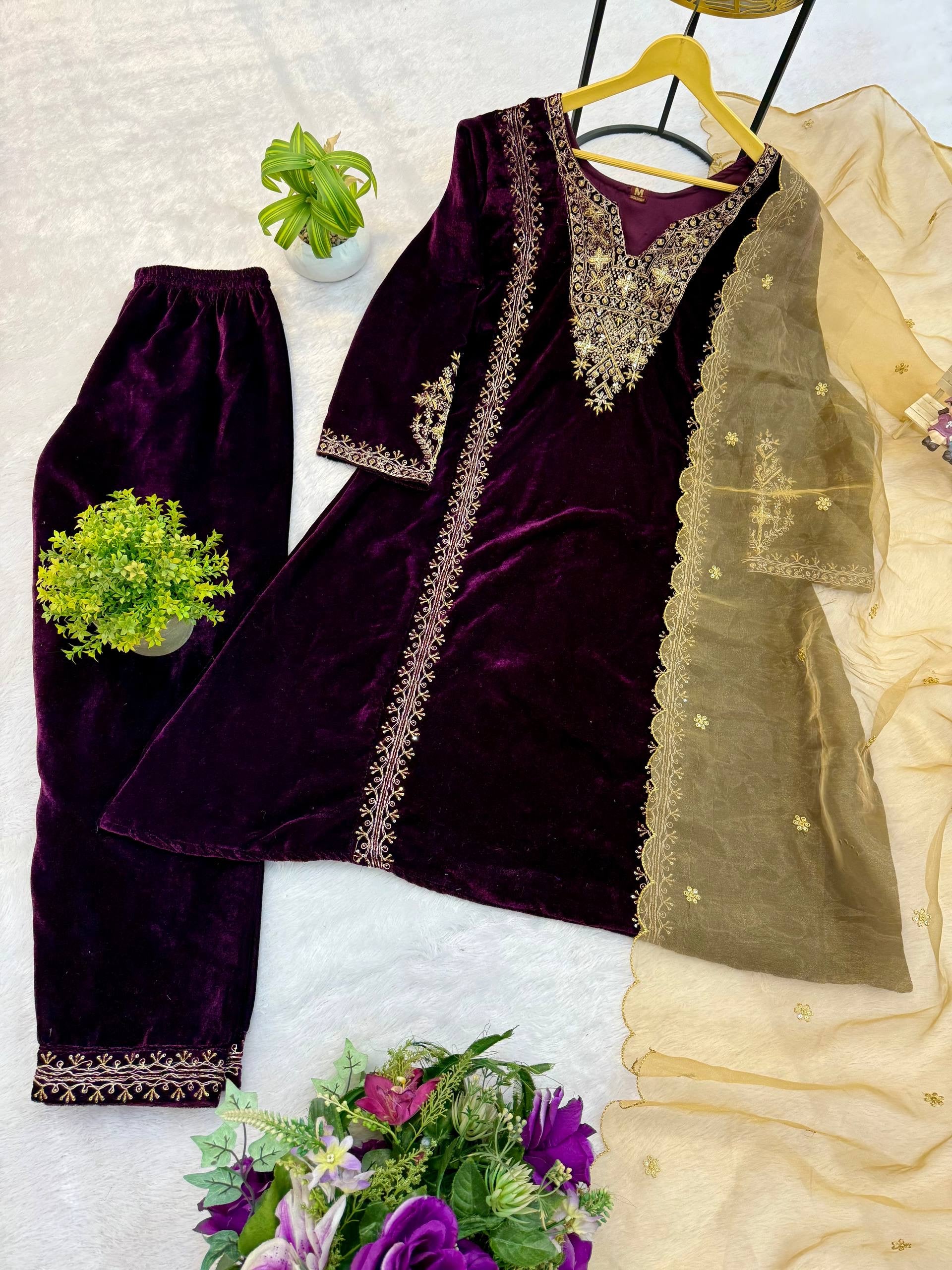 EMBROIDERED KURTI ON VELVET FABRIC WITH DUPATTA AND PLAZZO