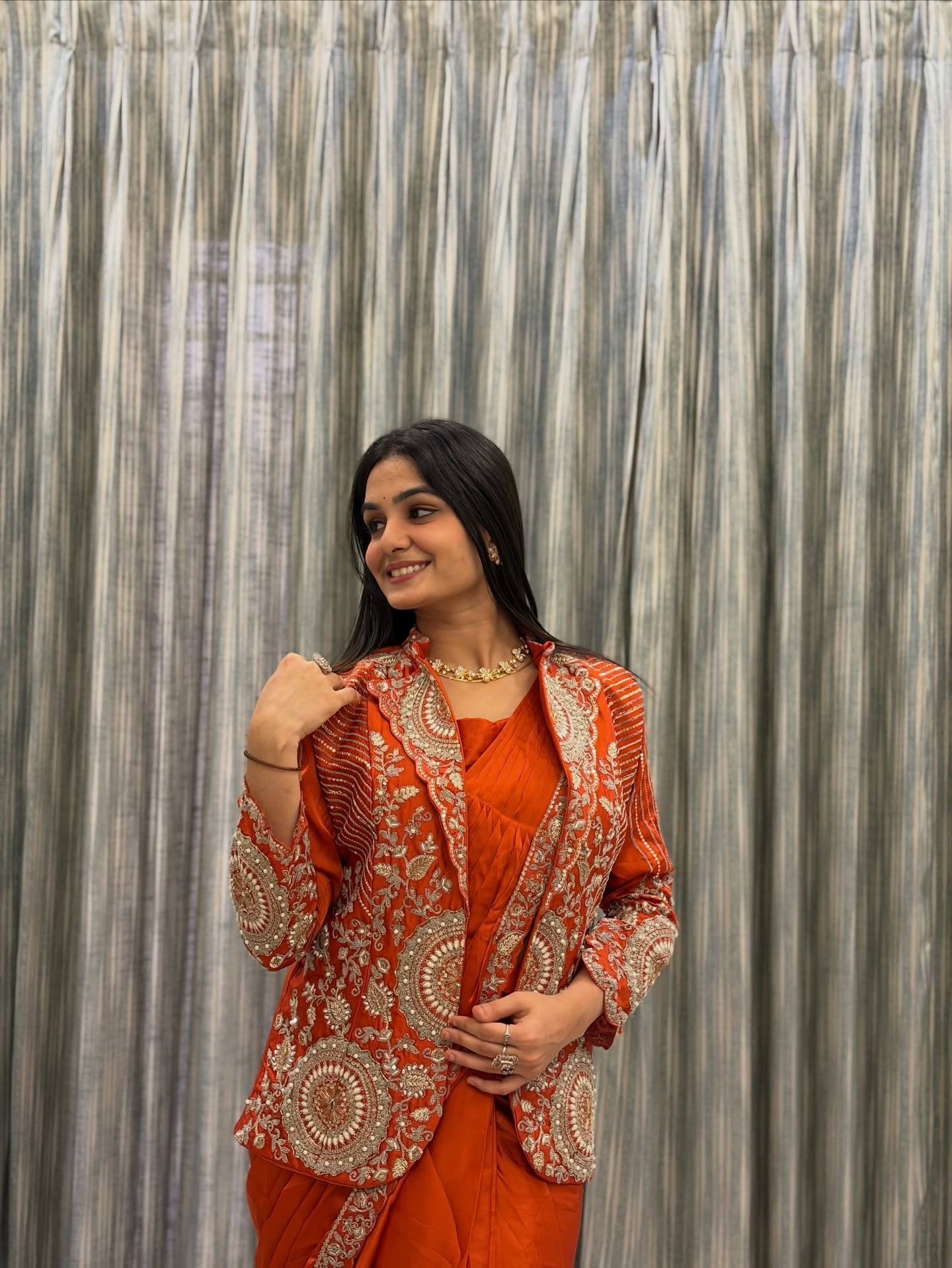 NEW SUPERHIT TRENDING READY TO WEAR SAREE WITH FULLY EMBROIDERED STYLIST BLOUSE AND KOTI ON RANGOLI FABRIC
