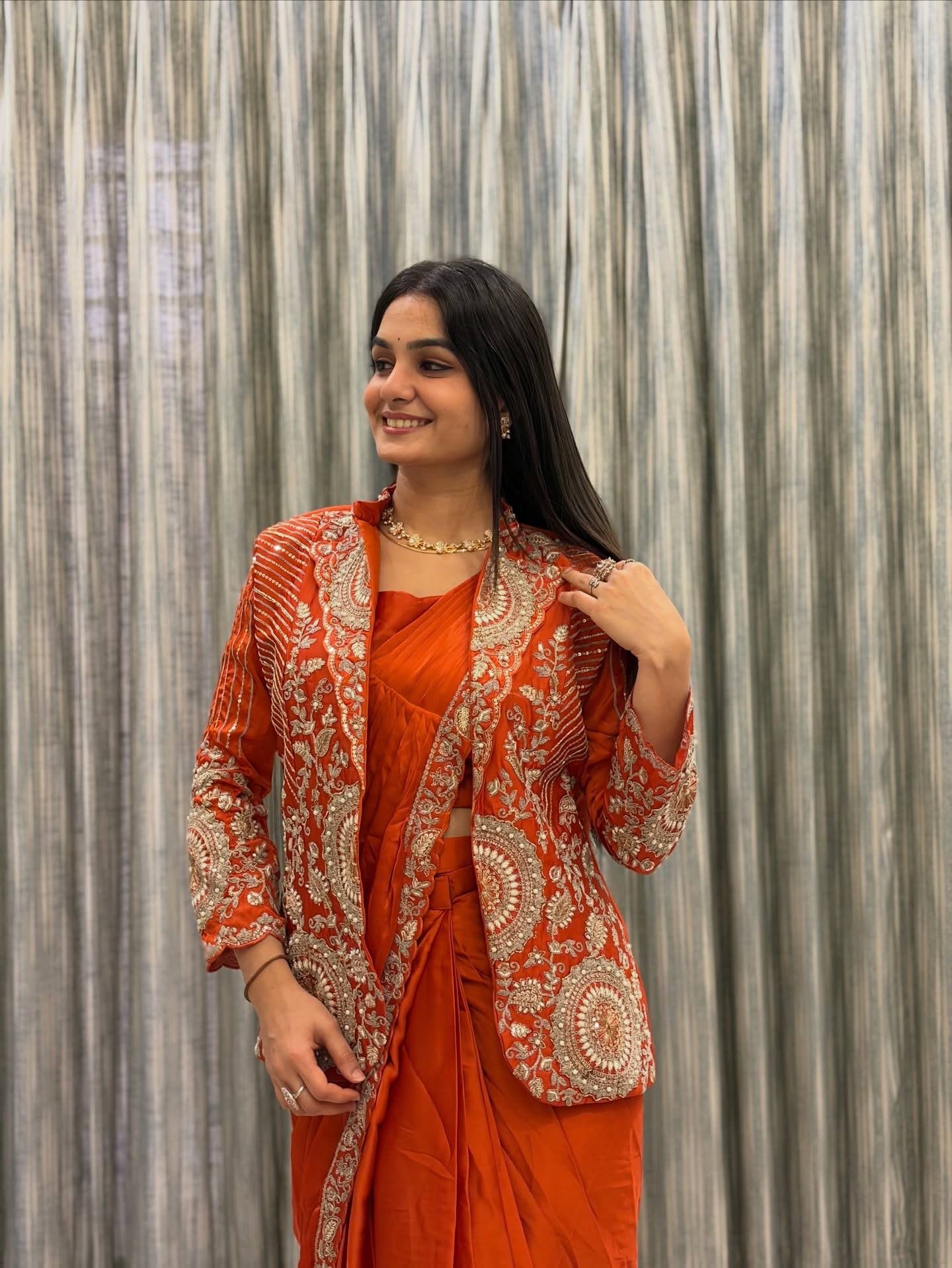NEW SUPERHIT TRENDING READY TO WEAR SAREE WITH FULLY EMBROIDERED STYLIST BLOUSE AND KOTI ON RANGOLI FABRIC