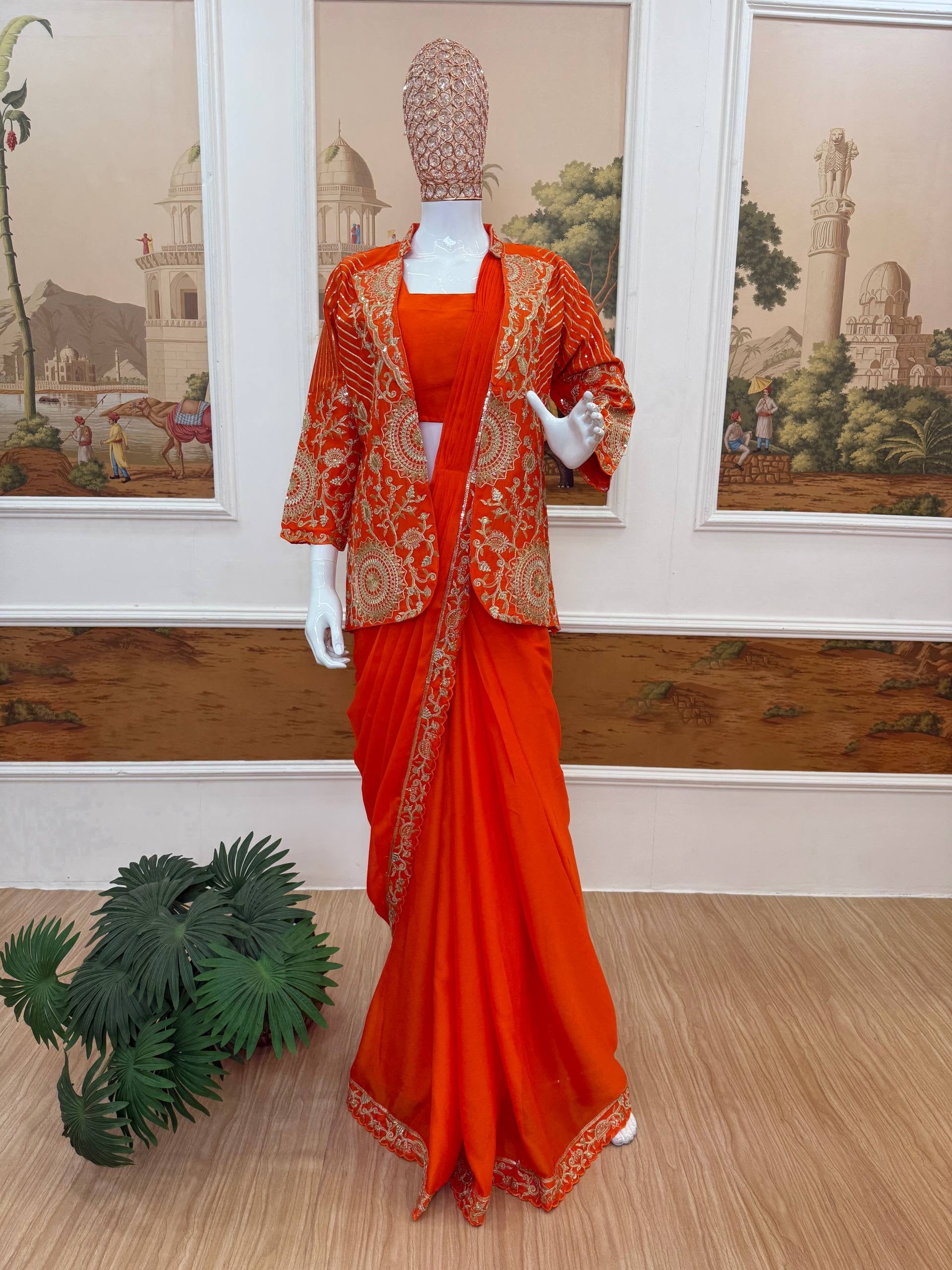 NEW SUPERHIT TRENDING READY TO WEAR SAREE WITH FULLY EMBROIDERED STYLIST BLOUSE AND KOTI ON RANGOLI FABRIC