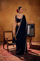 SPECIAL WEDDING SUPERHIT TRENDING VELVET SAREE WITH EMBROIDERED AND FANCY LACE BORDER WITH STITCHE BLOUSE