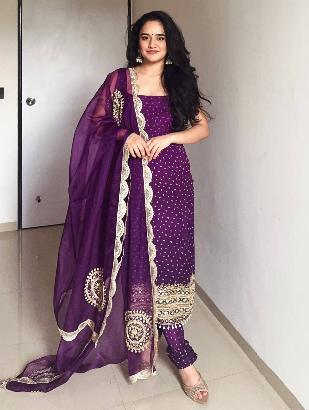 3 PIECES KURTI, CHUDIDAR AND DUPATTA WITH EMBROIDERY, PEARL MOTI AND REAL MIRROR HAND WORK