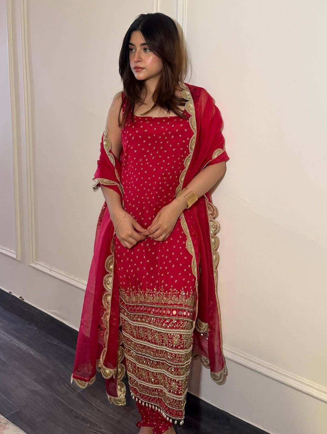 3 PIECES KURTI, CHUDIDAR AND DUPATTA WITH EMBROIDERY, PEARL MOTI AND REAL MIRROR HAND WORK