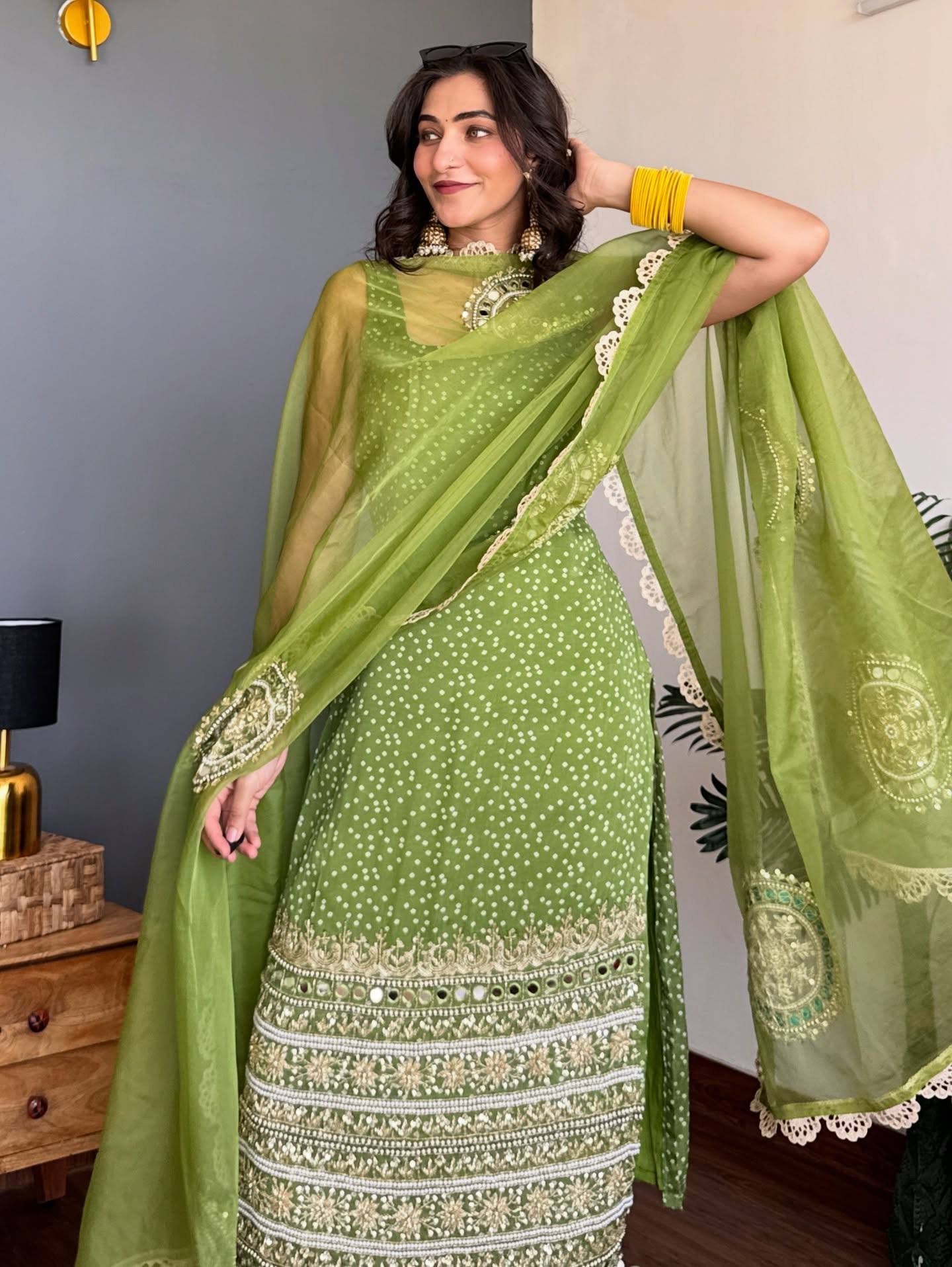 3 PIECES KURTI, CHUDIDAR AND DUPATTA WITH EMBROIDERY, PEARL MOTI AND REAL MIRROR HAND WORK