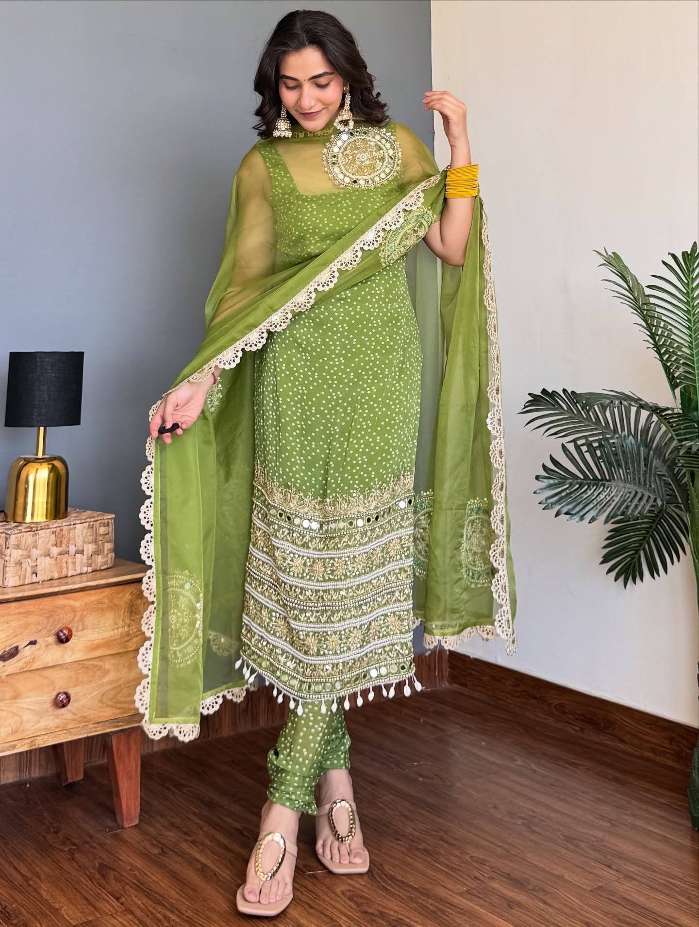 3 PIECES KURTI, CHUDIDAR AND DUPATTA WITH EMBROIDERY, PEARL MOTI AND REAL MIRROR HAND WORK