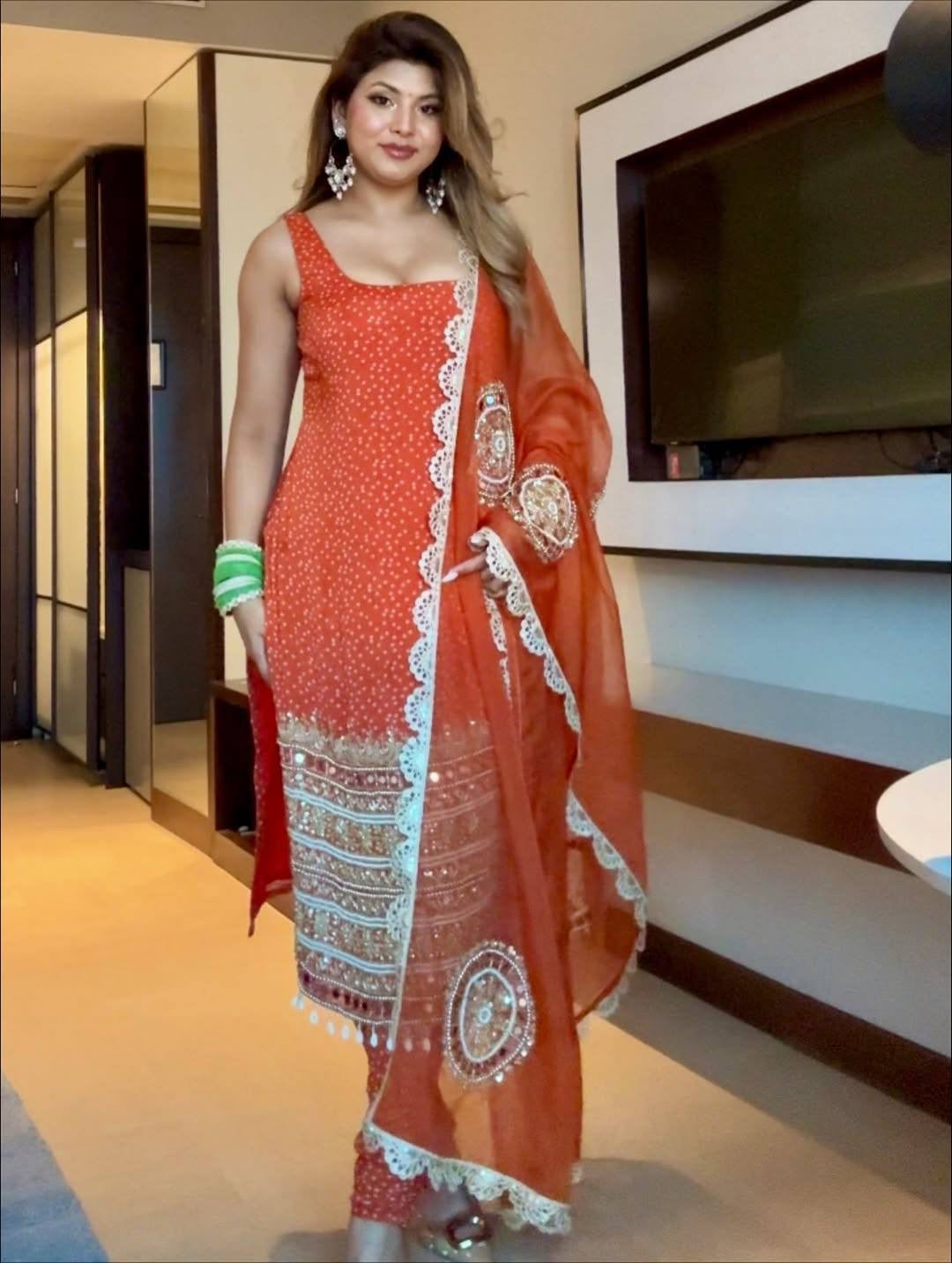 3 PIECES KURTI, CHUDIDAR AND DUPATTA WITH EMBROIDERY, PEARL MOTI AND REAL MIRROR HAND WORK