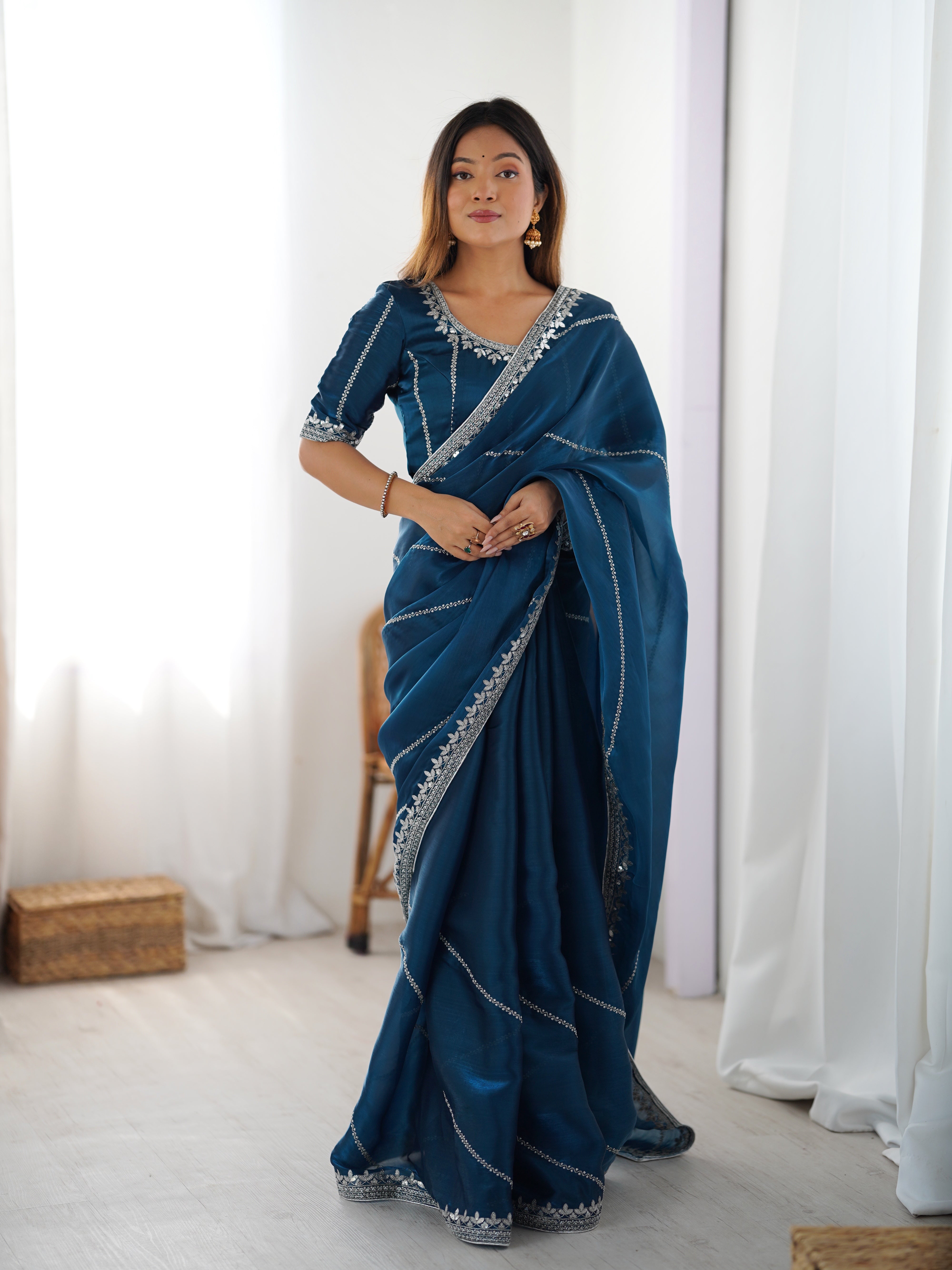 Elegant Thread Work JMC Silk Saree with Matching Embroidered Blouse