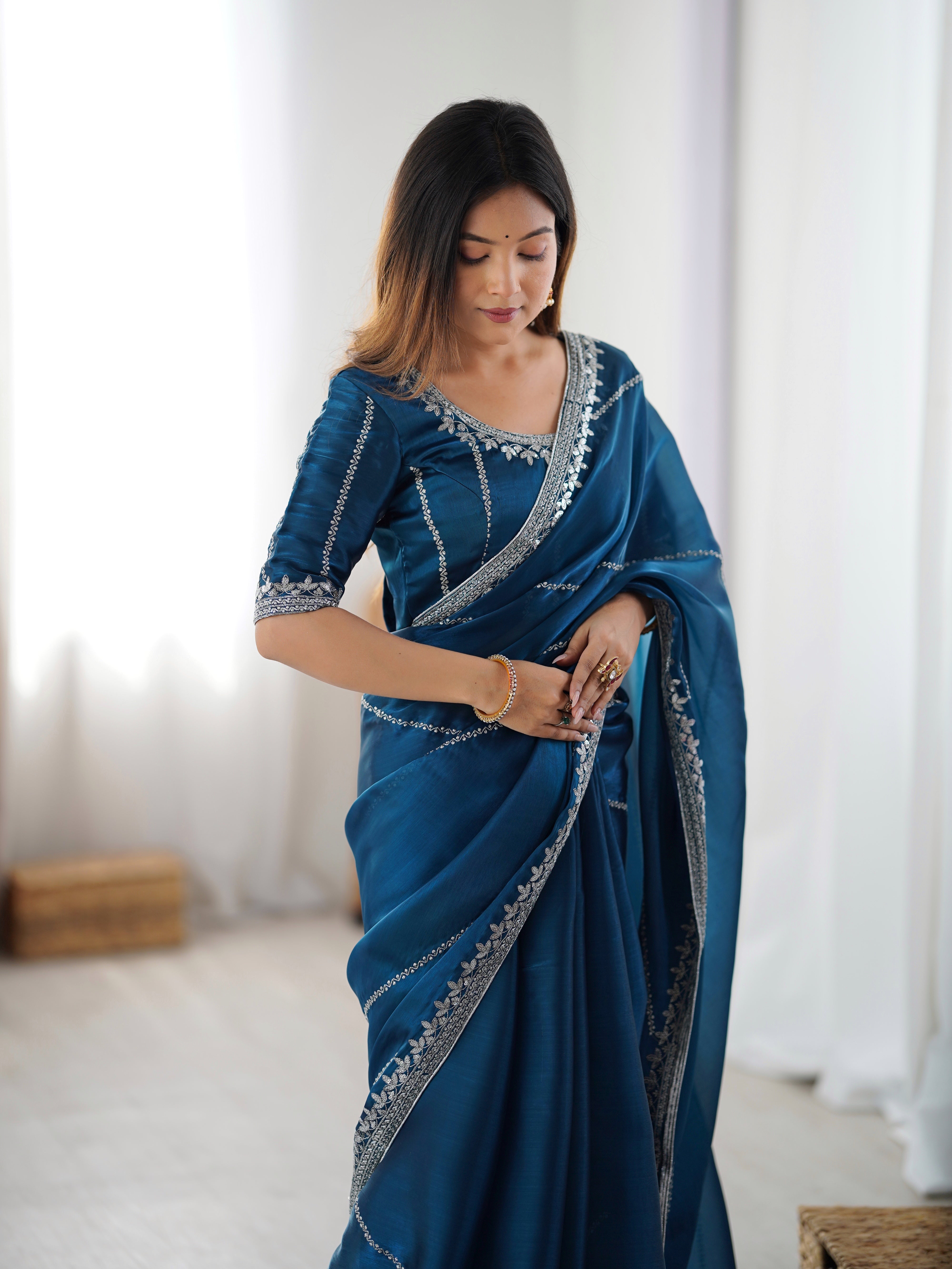 Elegant Thread Work JMC Silk Saree with Matching Embroidered Blouse