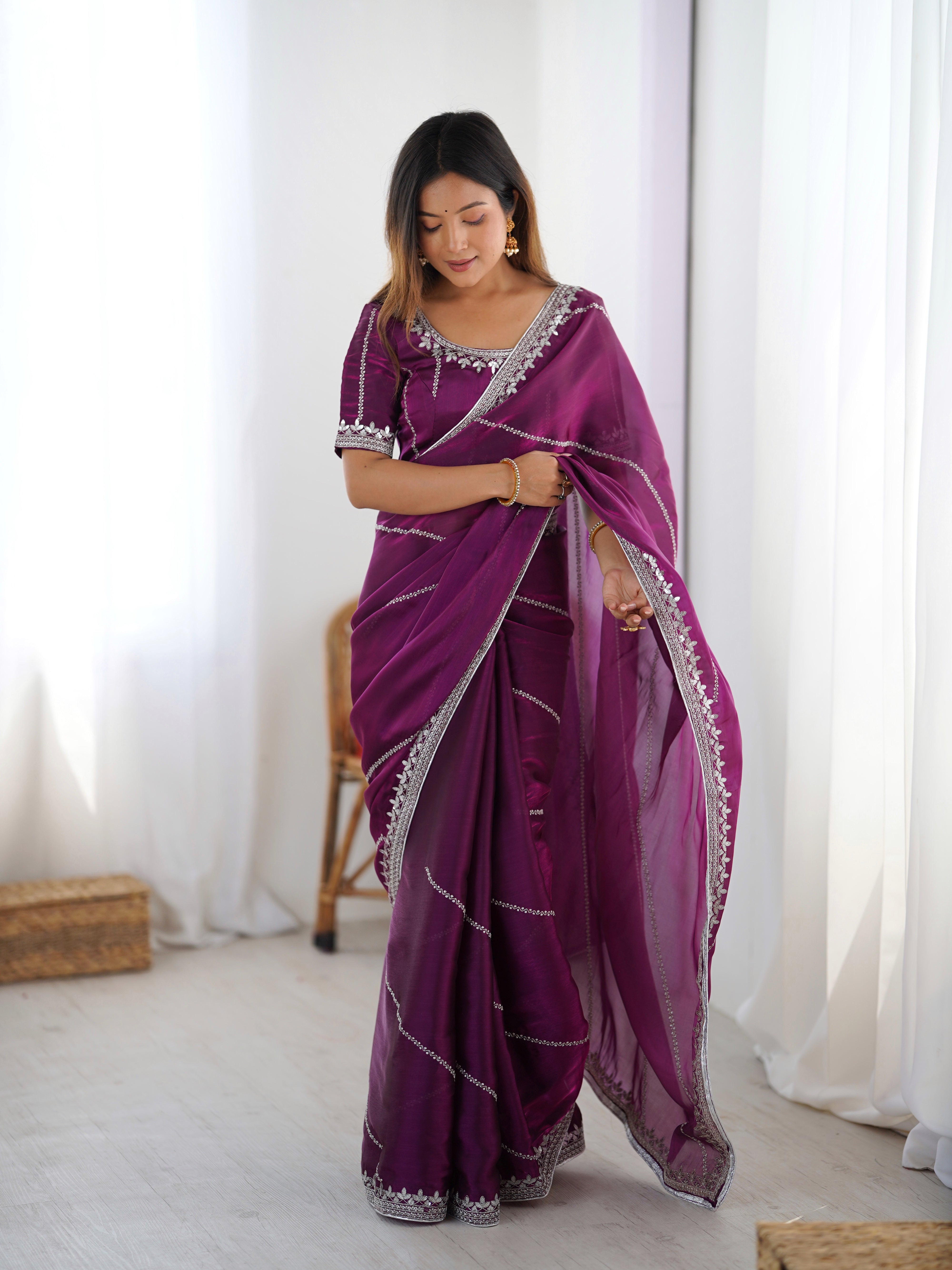 Elegant Thread Work JMC Silk Saree with Matching Embroidered Blouse