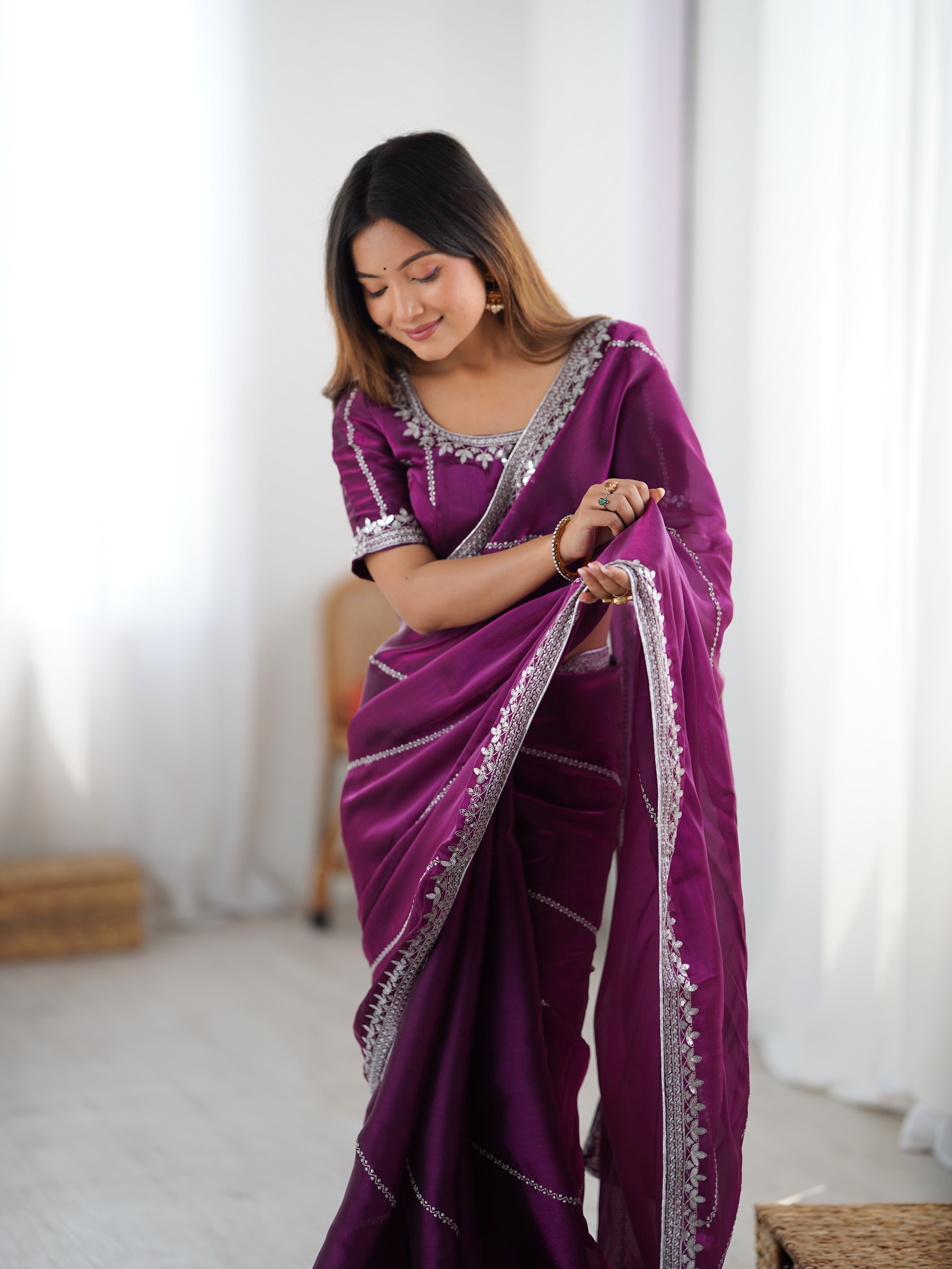 Elegant Thread Work JMC Silk Saree with Matching Embroidered Blouse