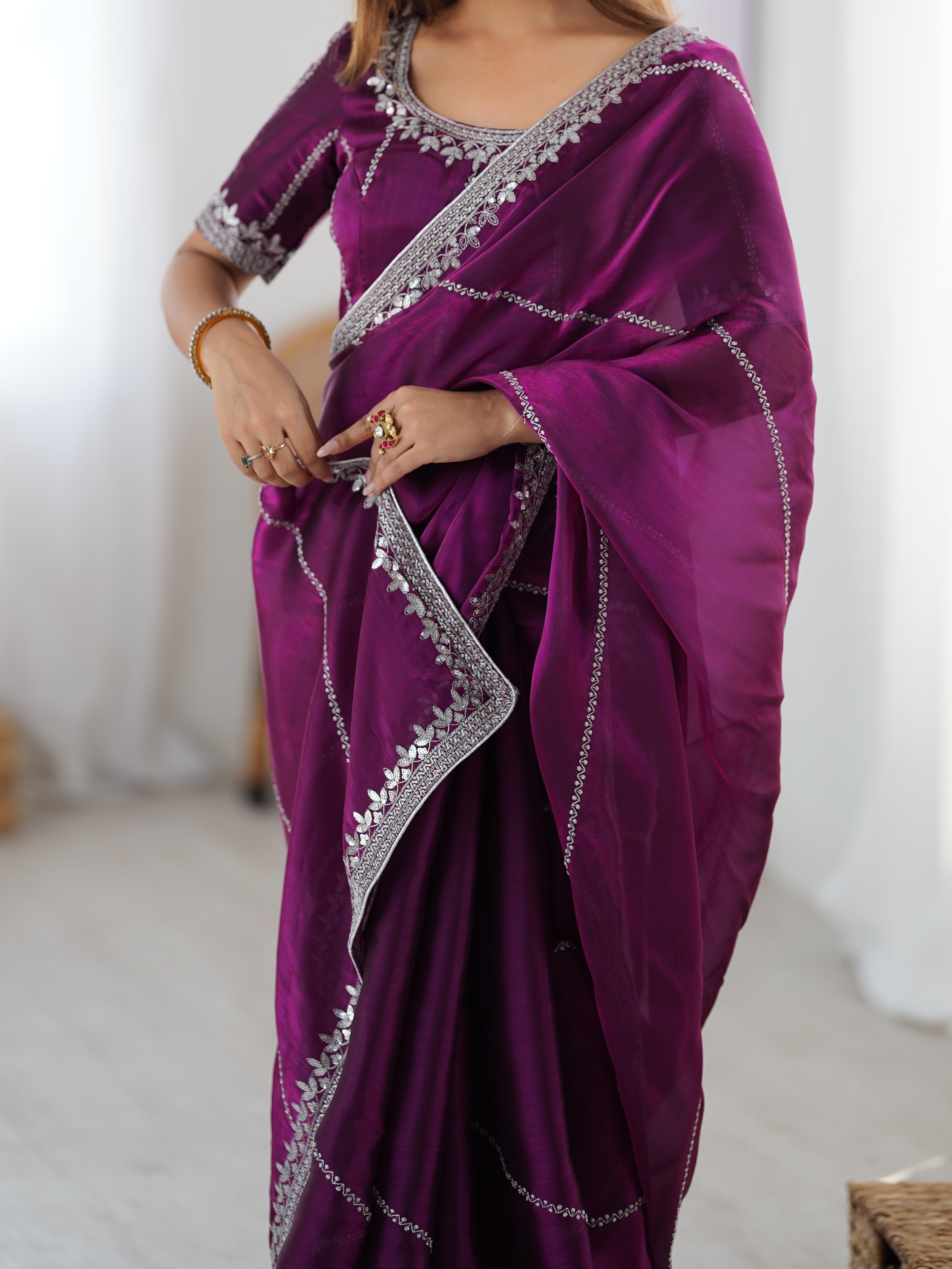 Elegant Thread Work JMC Silk Saree with Matching Embroidered Blouse