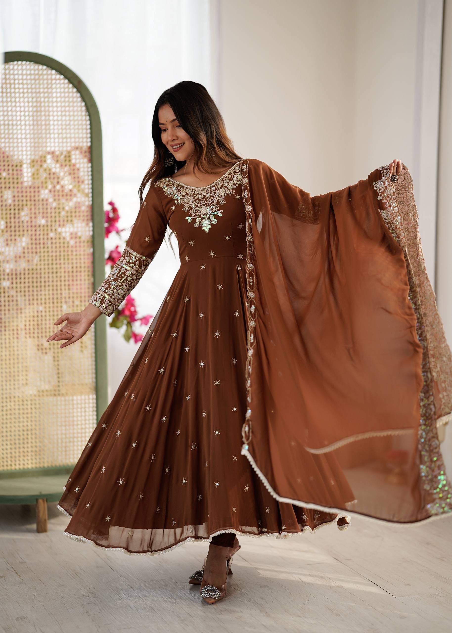 Elegant Embroidered Rembo Sequence Designer Anarkali Three Piece Set