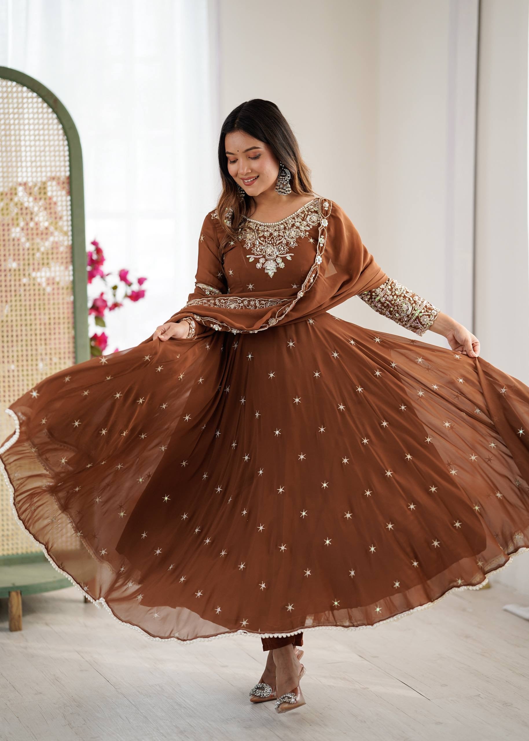 Elegant Embroidered Rembo Sequence Designer Anarkali Three Piece Set