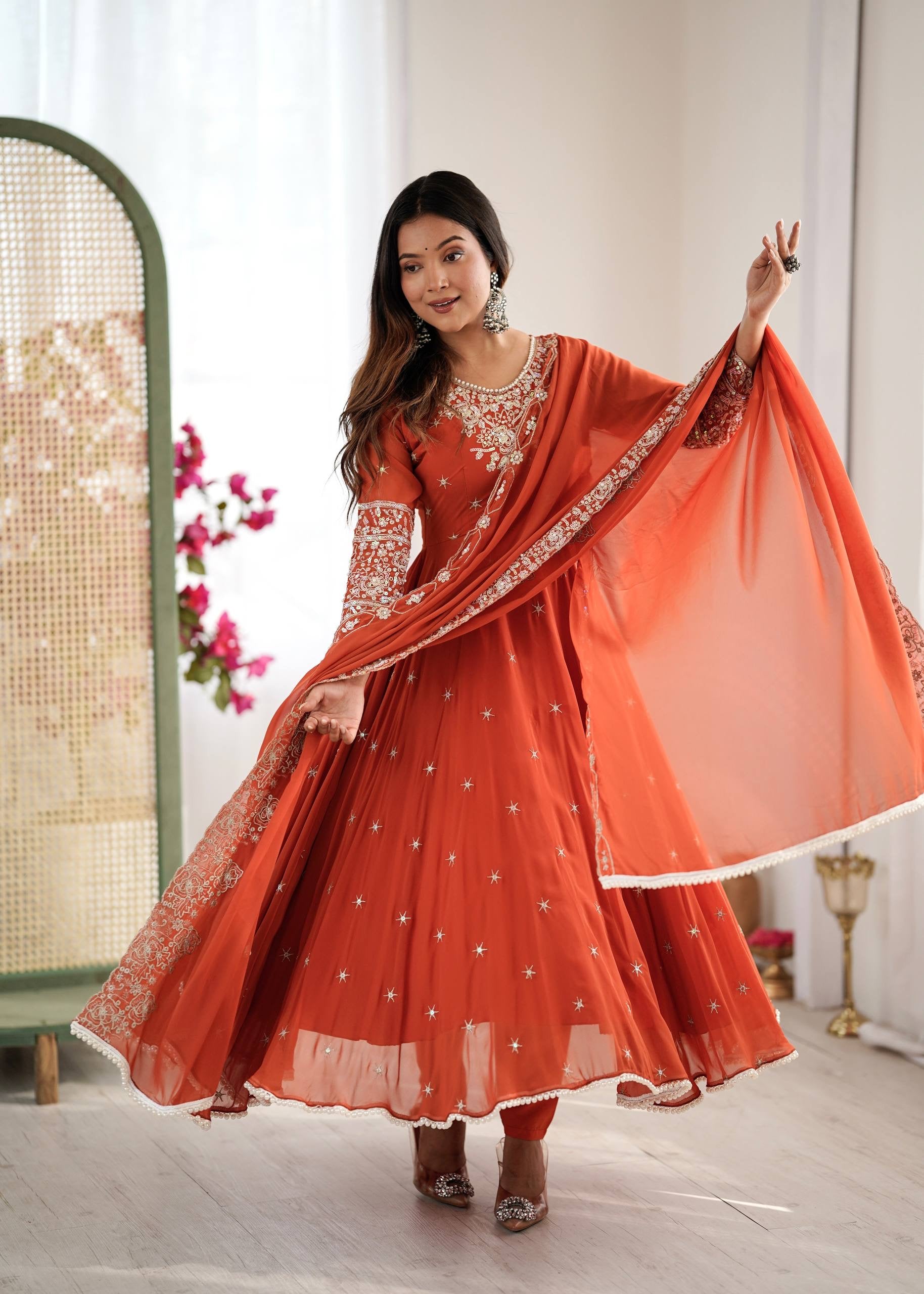 Elegant Embroidered Rembo Sequence Designer Anarkali Three Piece Set