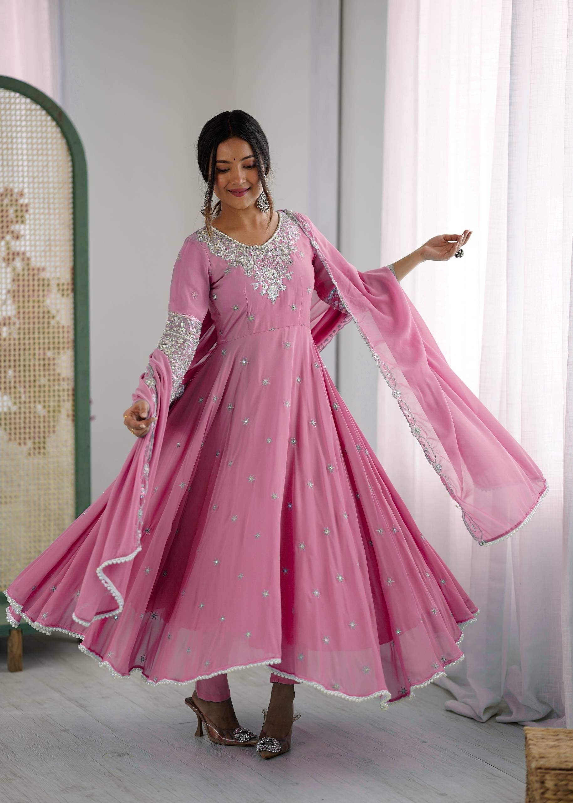 Elegant Embroidered Rembo Sequence Designer Anarkali Three Piece Set