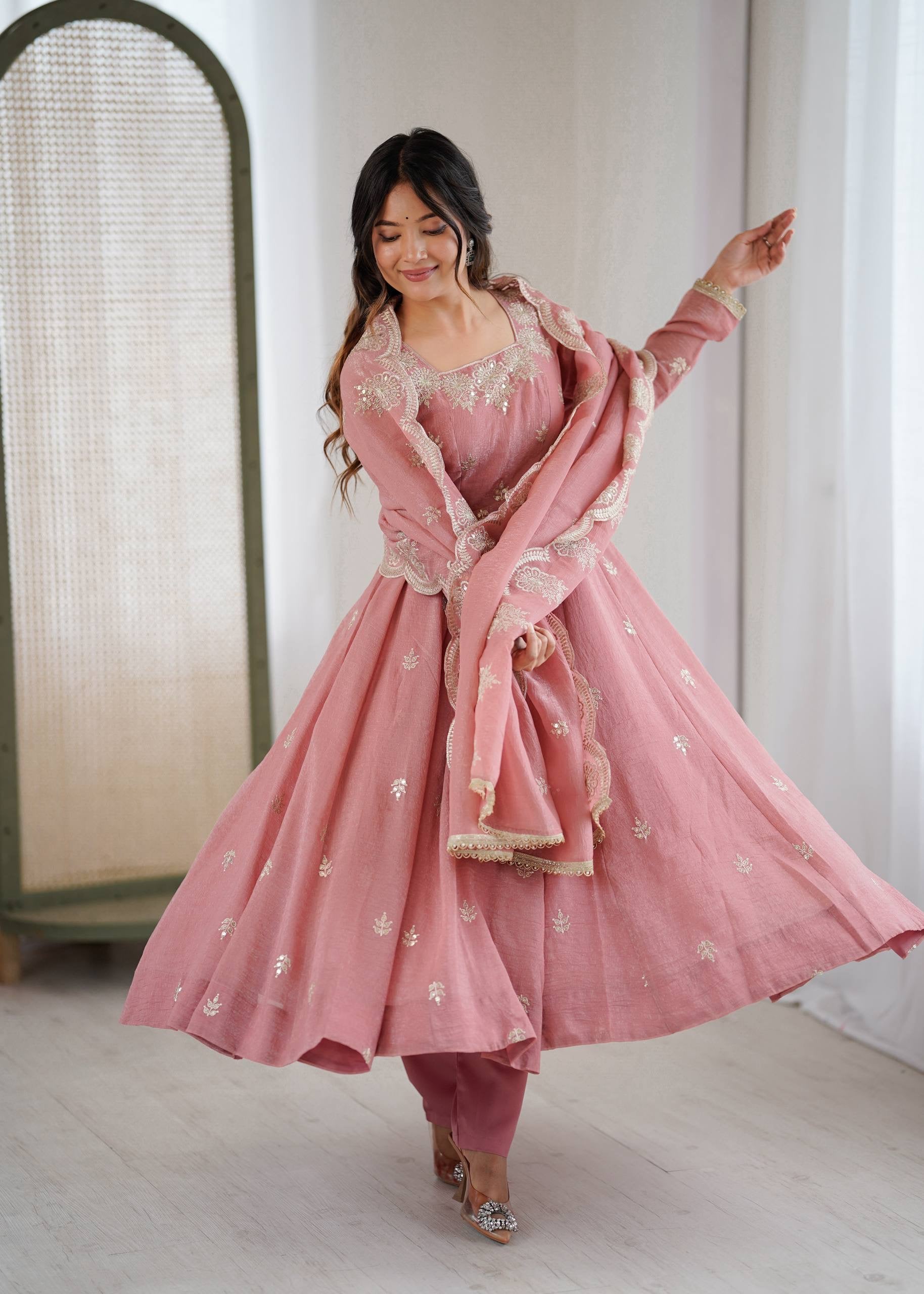 Elegant Embroidered Sequence Designer Anarkali Three Piece Set