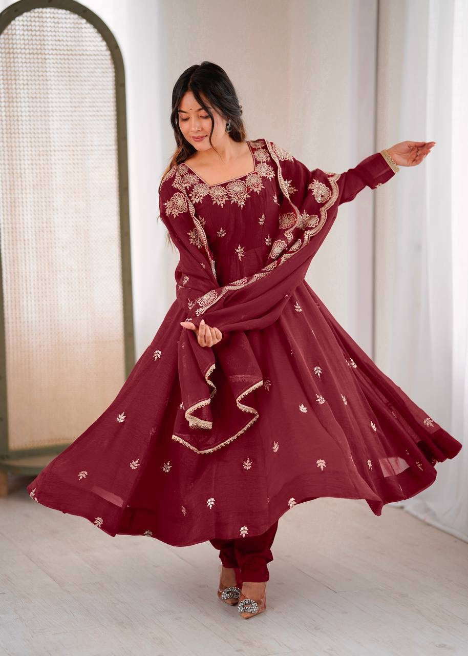 Elegant Embroidered Sequence Designer Anarkali Three Piece Set
