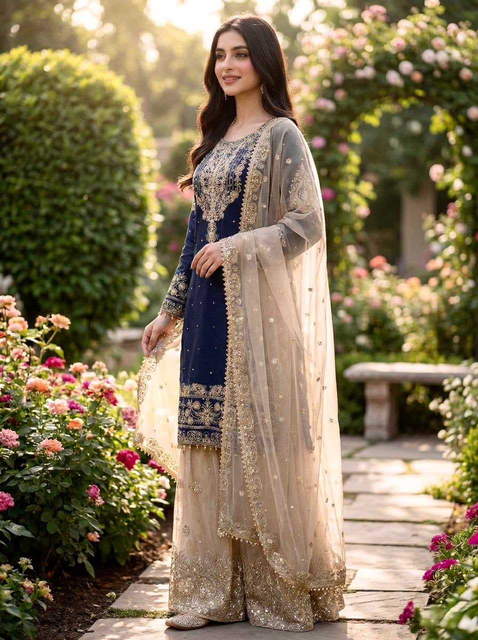 New Designer Collection In Pure Heavy GMY SILK With Heavy Embroidery Coding Dori-Sequence Work Top-Bottom And Dupatta Set Fully Stitched Ready To Wear
