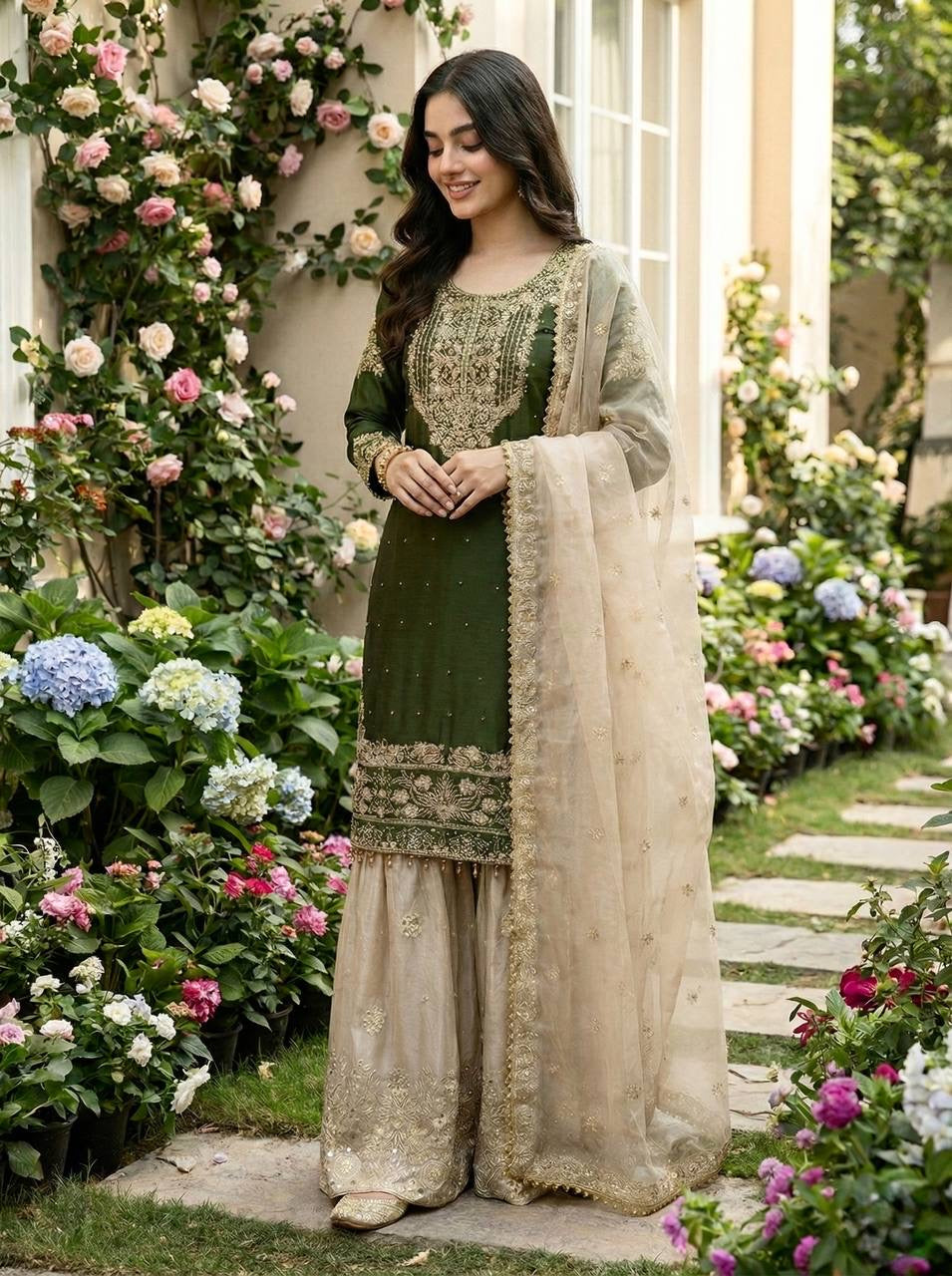 New Designer Collection In Pure Heavy GMY SILK With Heavy Embroidery Coding Dori-Sequence Work Top-Bottom And Dupatta Set Fully Stitched Ready To Wear