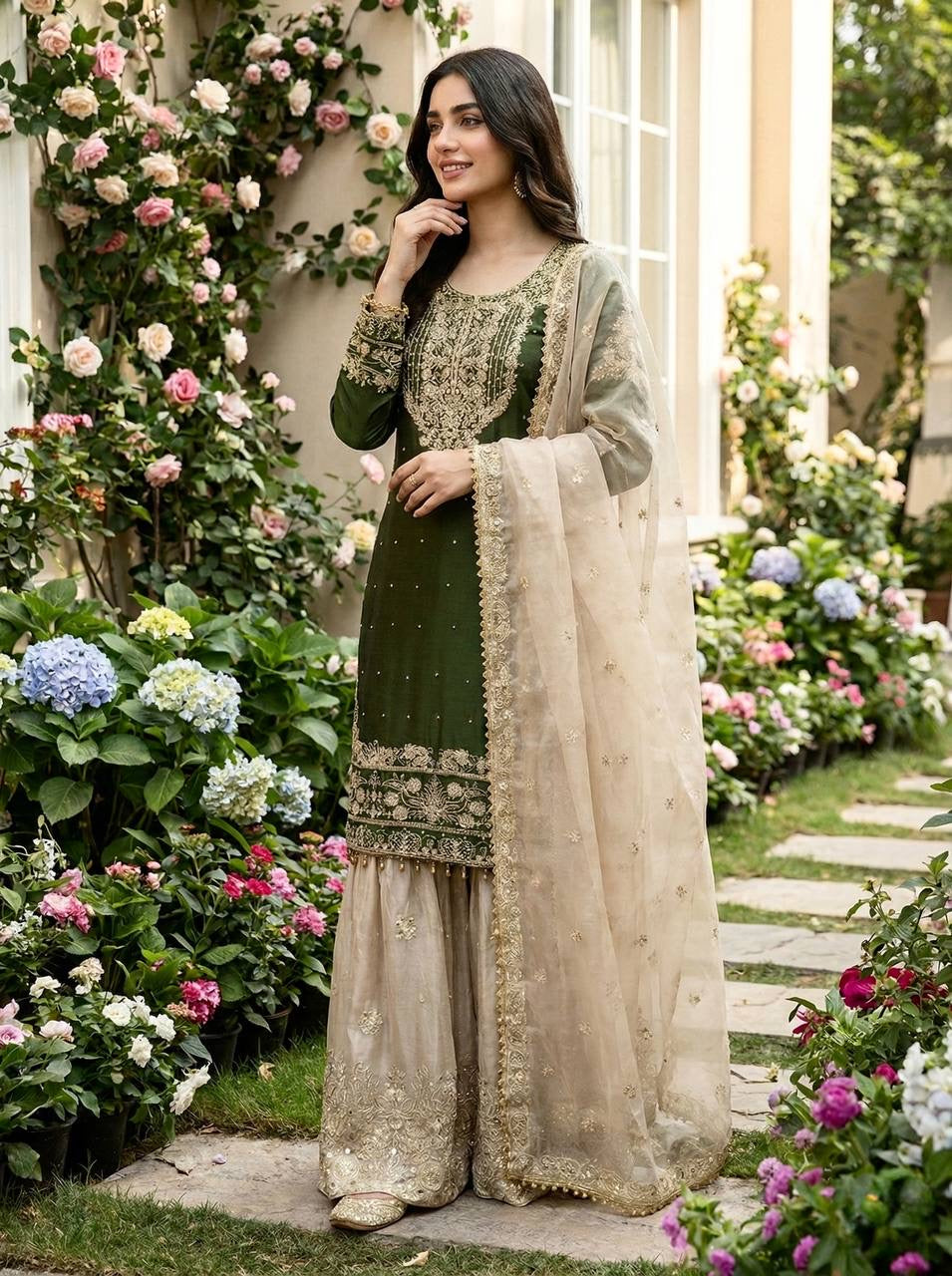New Designer Collection In Pure Heavy GMY SILK With Heavy Embroidery Coding Dori-Sequence Work Top-Bottom And Dupatta Set Fully Stitched Ready To Wear