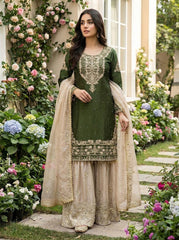 New Designer Collection In Pure Heavy GMY SILK With Heavy Embroidery Coding Dori-Sequence Work Top-Bottom And Dupatta Set Fully Stitched Ready To Wear
