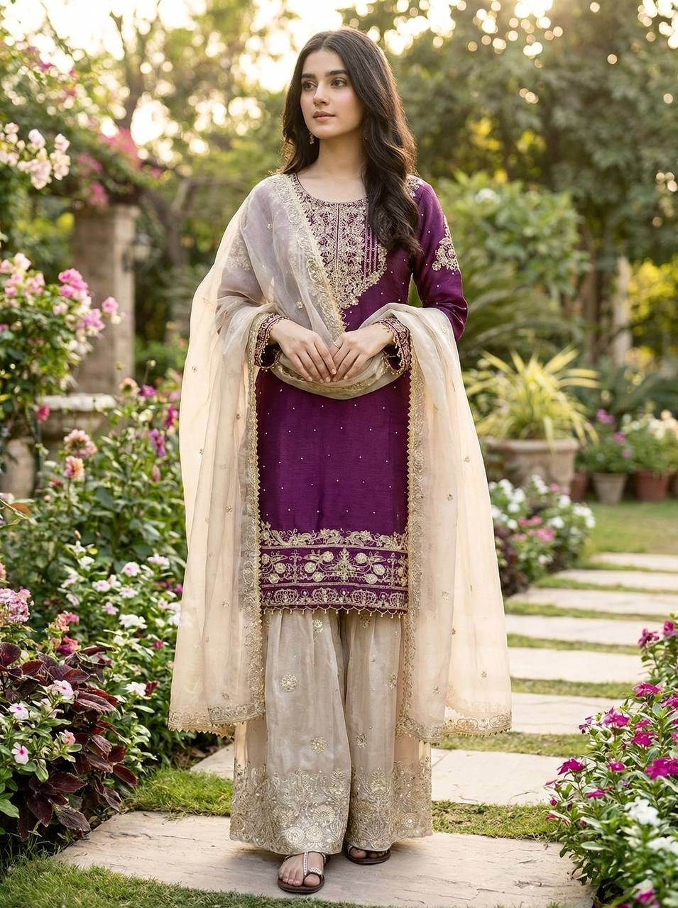 New Designer Collection In Pure Heavy GMY SILK With Heavy Embroidery Coding Dori-Sequence Work Top-Bottom And Dupatta Set Fully Stitched Ready To Wear