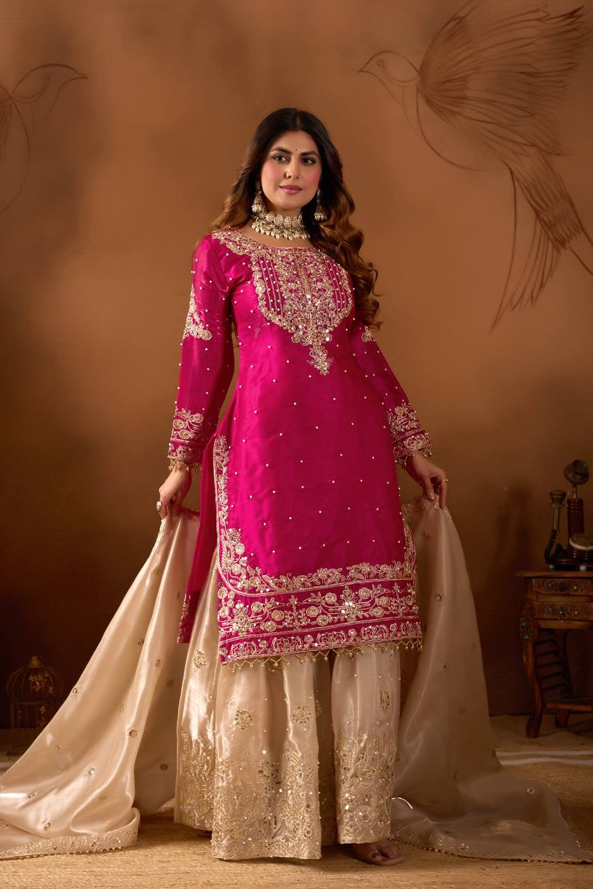 New Designer Collection In Pure Heavy GMY SILK With Heavy Embroidery Coding Dori-Sequence Work Top-Bottom And Dupatta Set Fully Stitched Ready To Wear