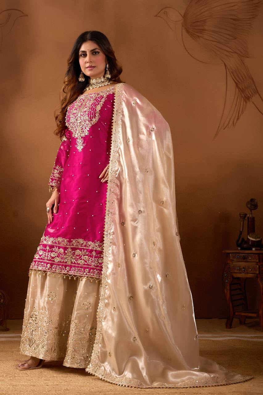 New Designer Collection In Pure Heavy GMY SILK With Heavy Embroidery Coding Dori-Sequence Work Top-Bottom And Dupatta Set Fully Stitched Ready To Wear
