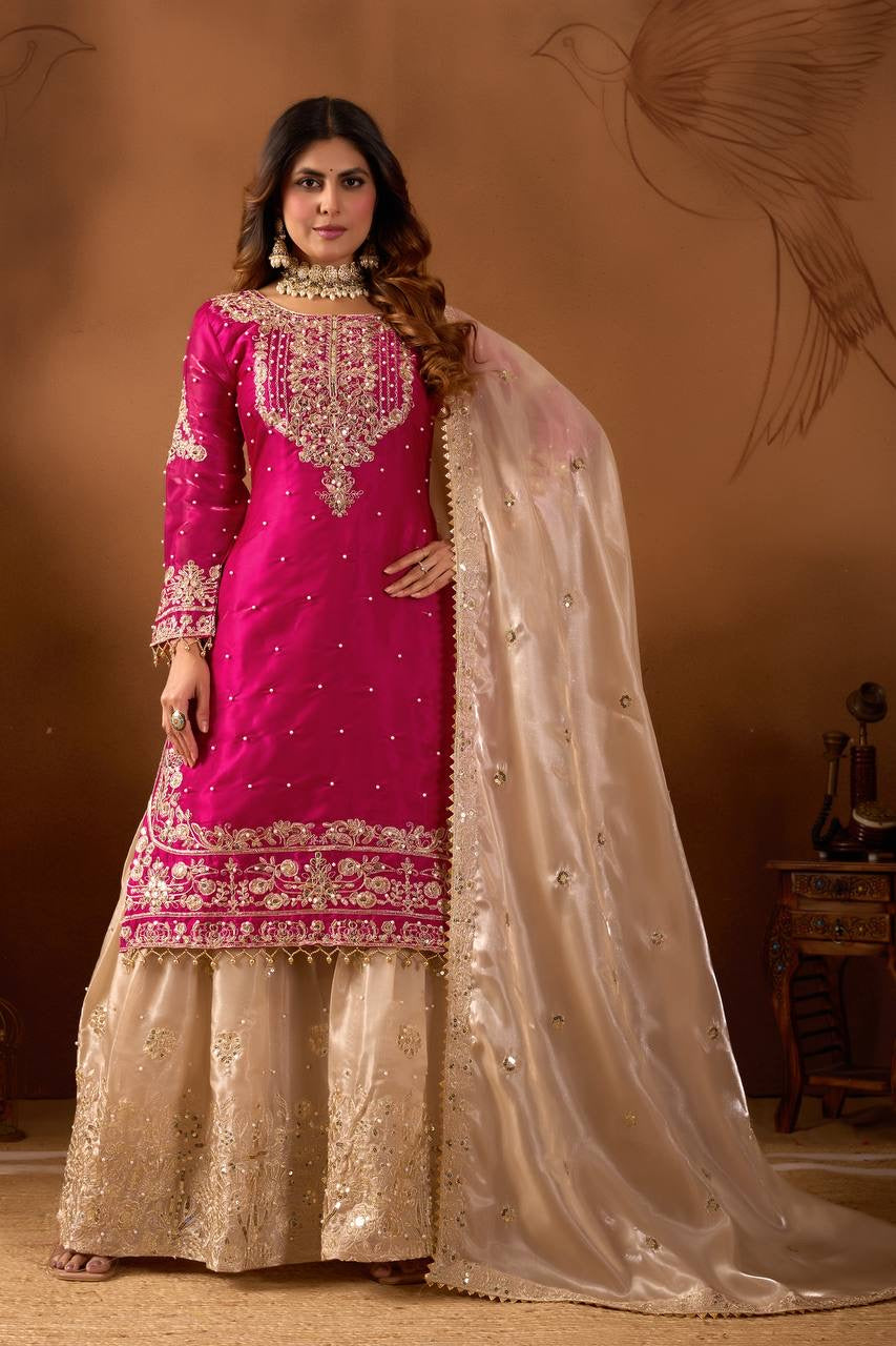 New Designer Collection In Pure Heavy GMY SILK With Heavy Embroidery Coding Dori-Sequence Work Top-Bottom And Dupatta Set Fully Stitched Ready To Wear