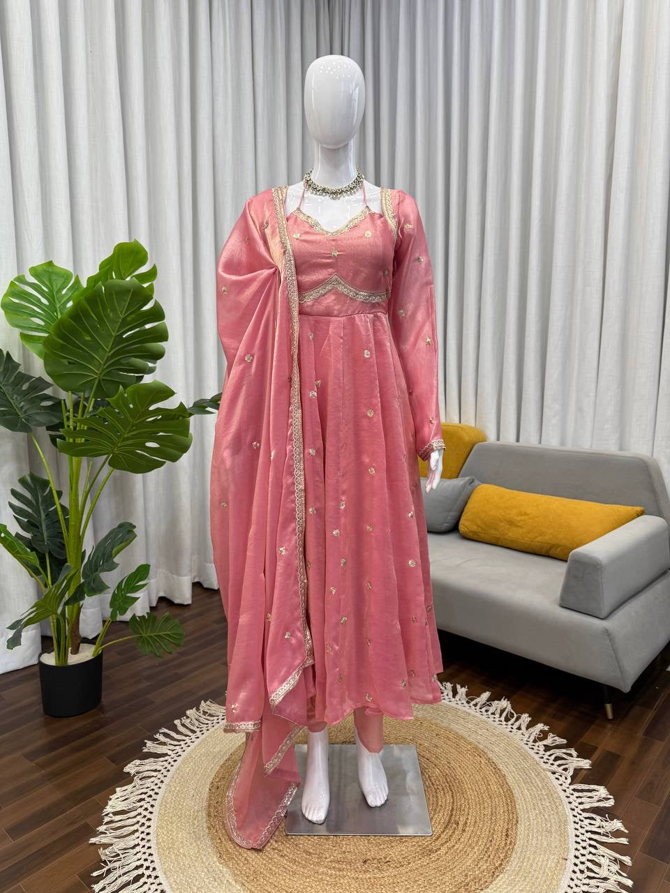 Elegant Embroidered Sequence Designer Anarkali three piece set