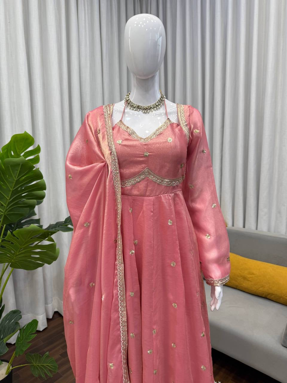 Elegant Embroidered Sequence Designer Anarkali three piece set