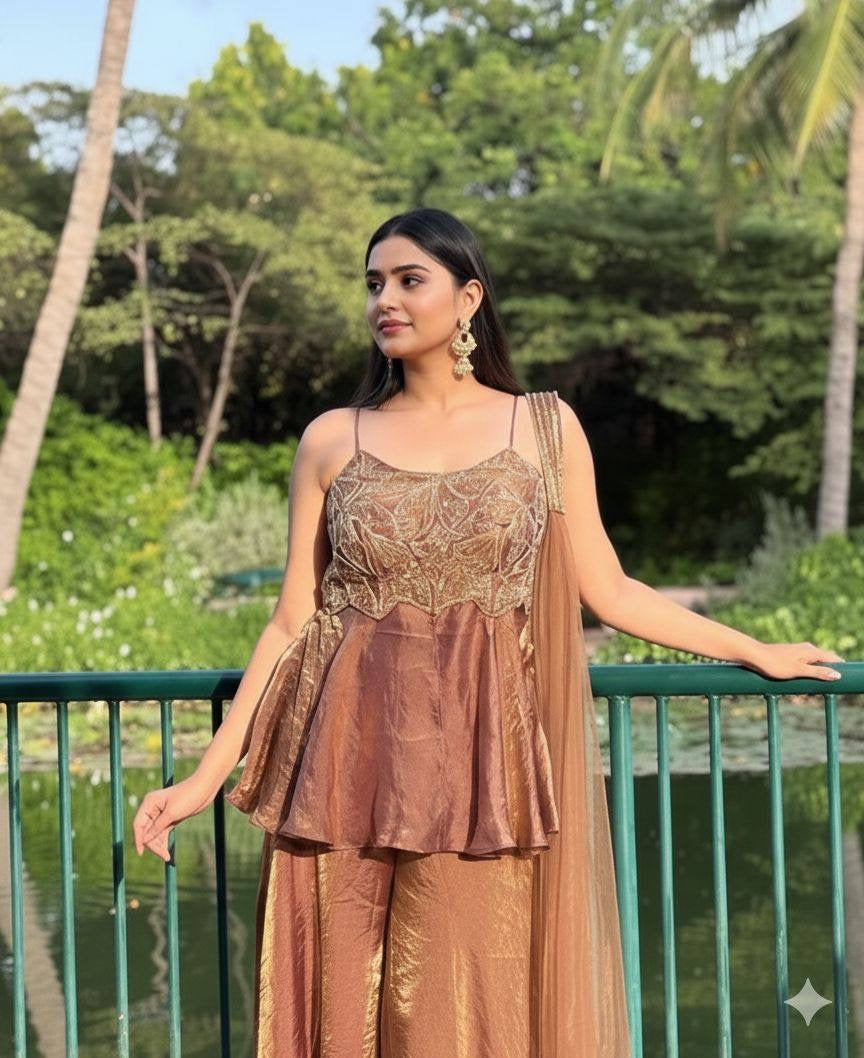 WEDDING SEASON OUR SEQUENCE EMBROIDERED TOP, PLAZZO AND DUPATTA