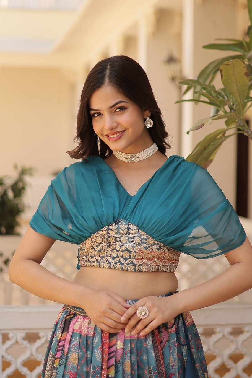 Lehenga Choli Russian Silk Rich Digital Printed With Foil Embroidery Work