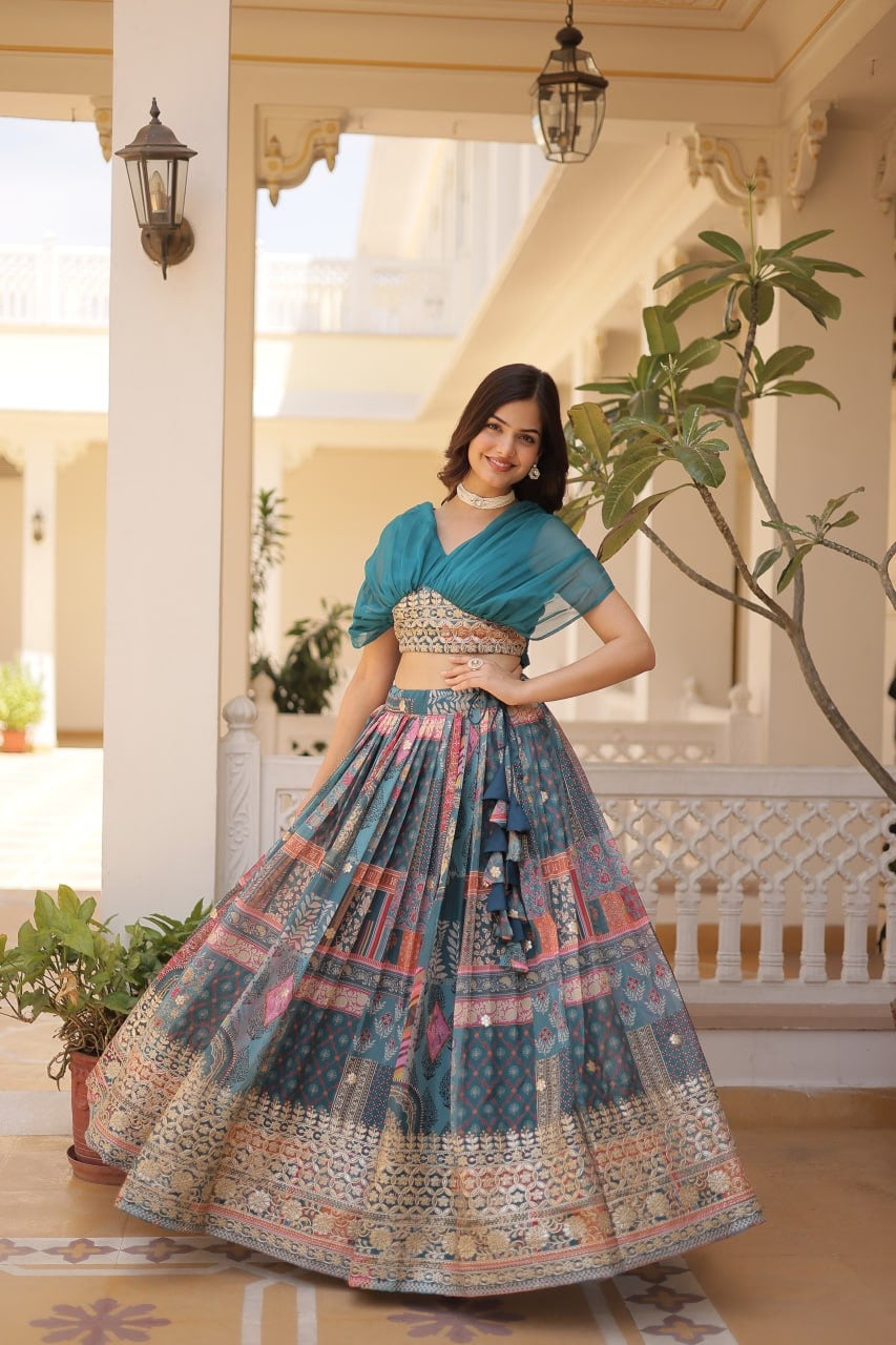 Lehenga Choli Russian Silk Rich Digital Printed With Foil Embroidery Work