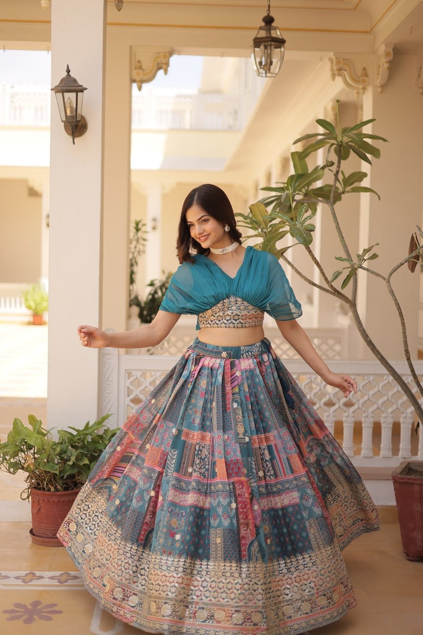 Lehenga Choli Russian Silk Rich Digital Printed With Foil Embroidery Work