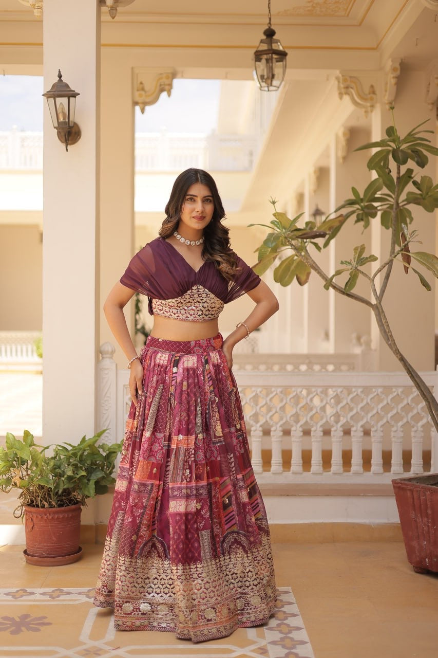 Lehenga Choli Russian Silk Rich Digital Printed With Foil Embroidery Work