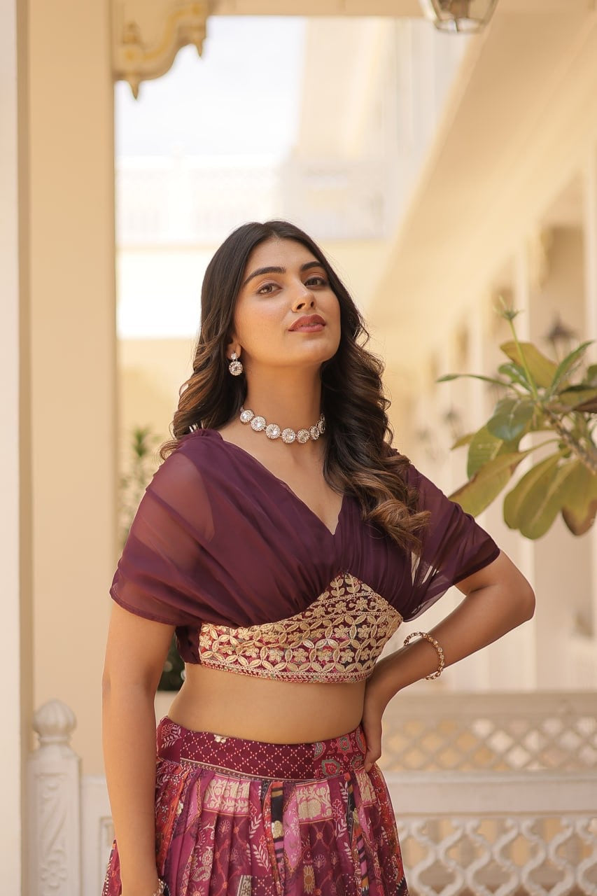 Lehenga Choli Russian Silk Rich Digital Printed With Foil Embroidery Work