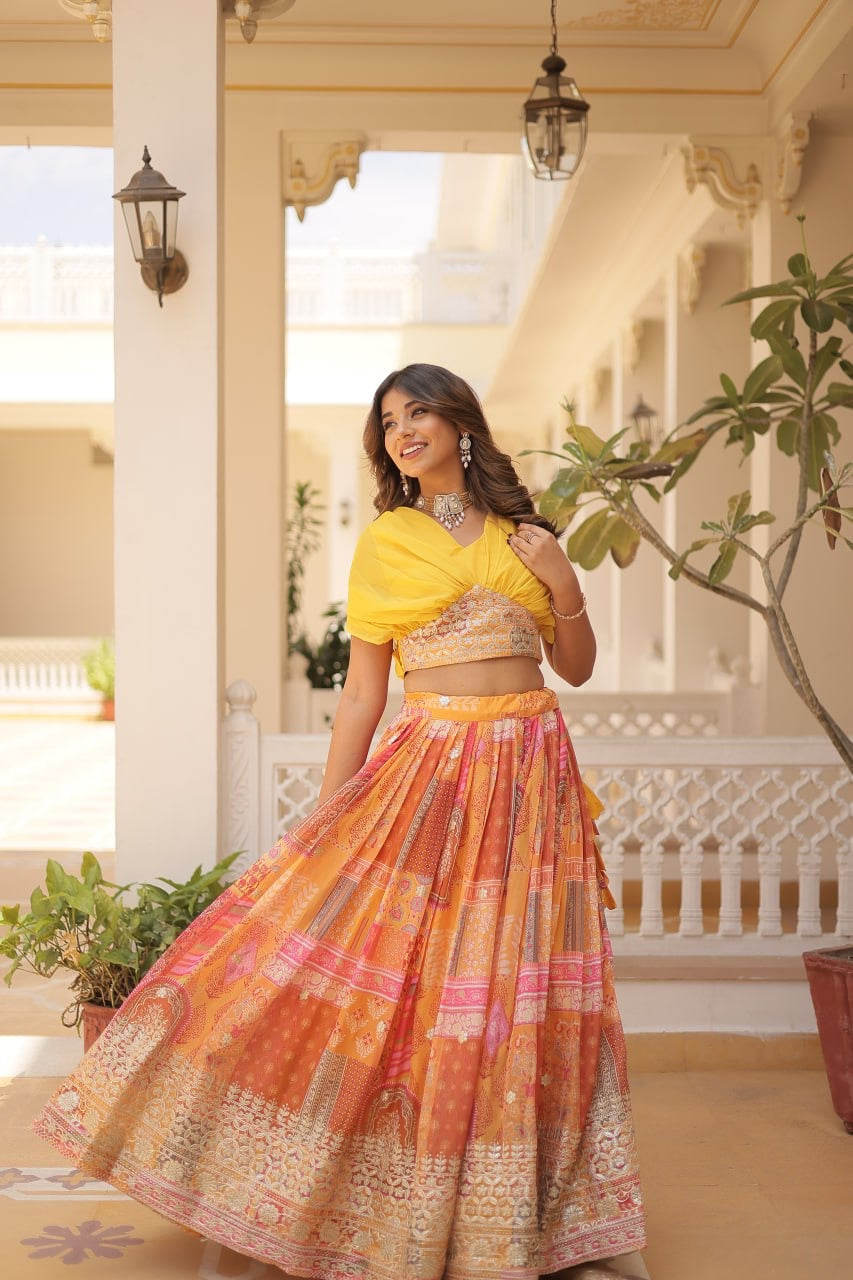 Lehenga Choli Russian Silk Rich Digital Printed With Foil Embroidery Work