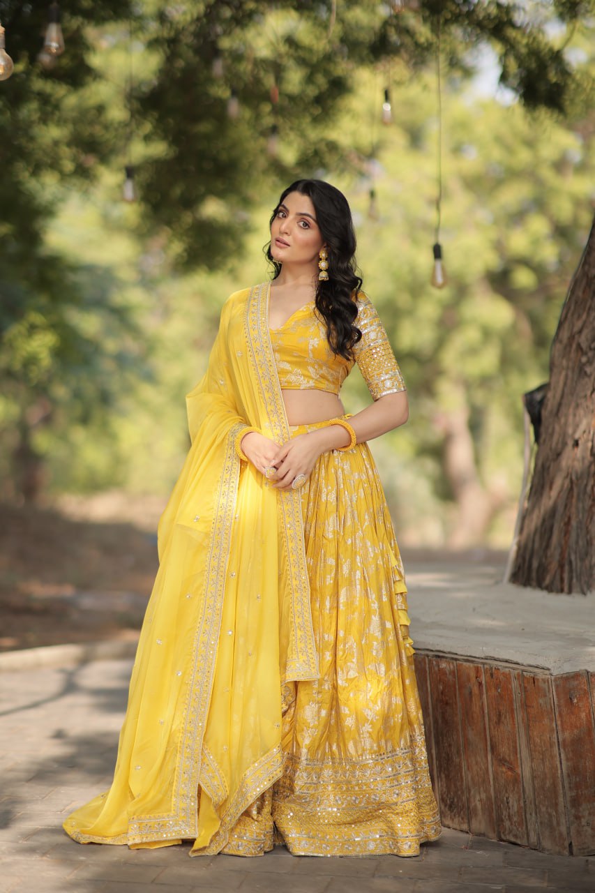 Designer Dyeable Pure Viscose Jacquard fabric Lehenga Choli &amp; Dupatta Set