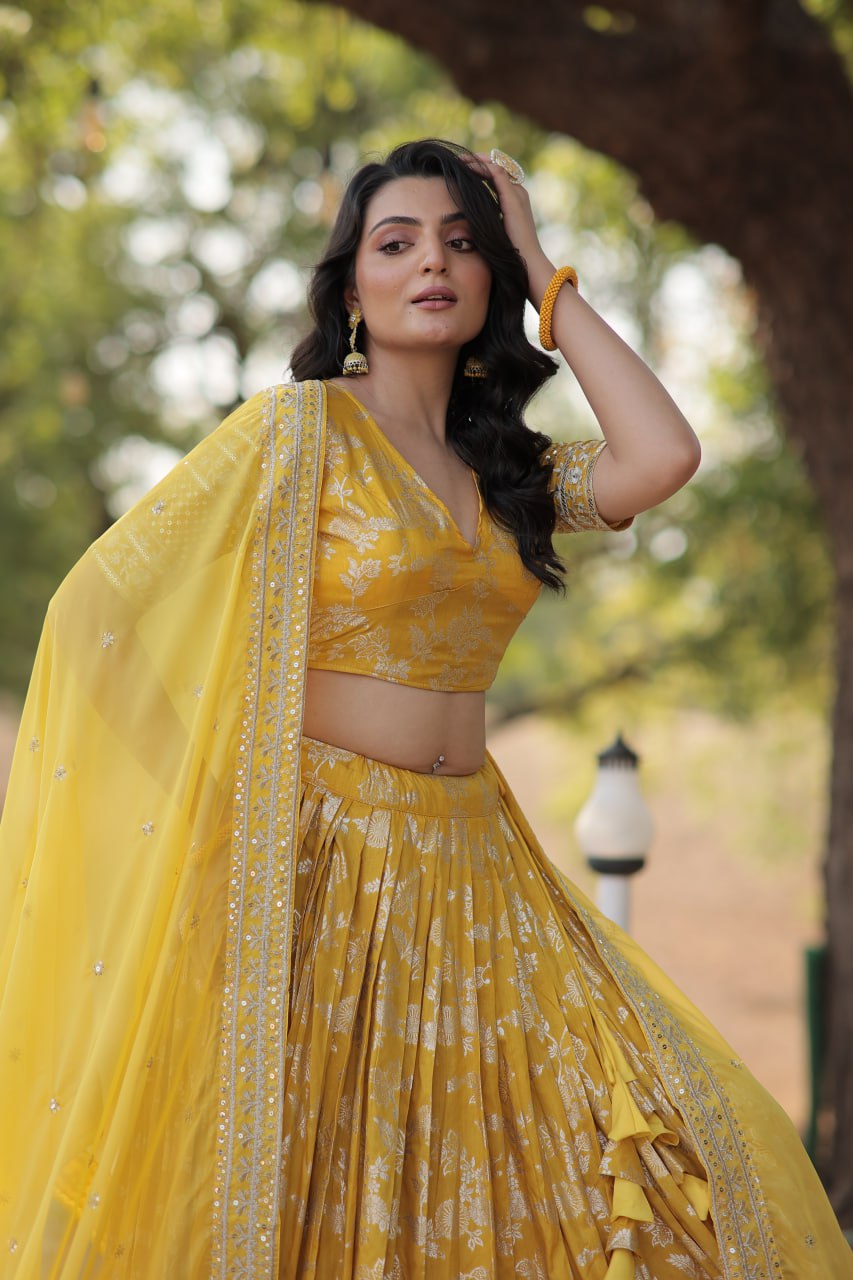 Designer Dyeable Pure Viscose Jacquard fabric Lehenga Choli &amp; Dupatta Set