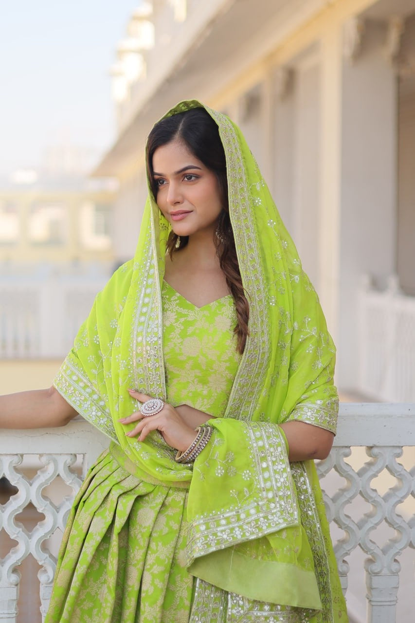 Designer Dyeable Pure Viscose Jacquard fabric Lehenga Choli & Dupatta Set