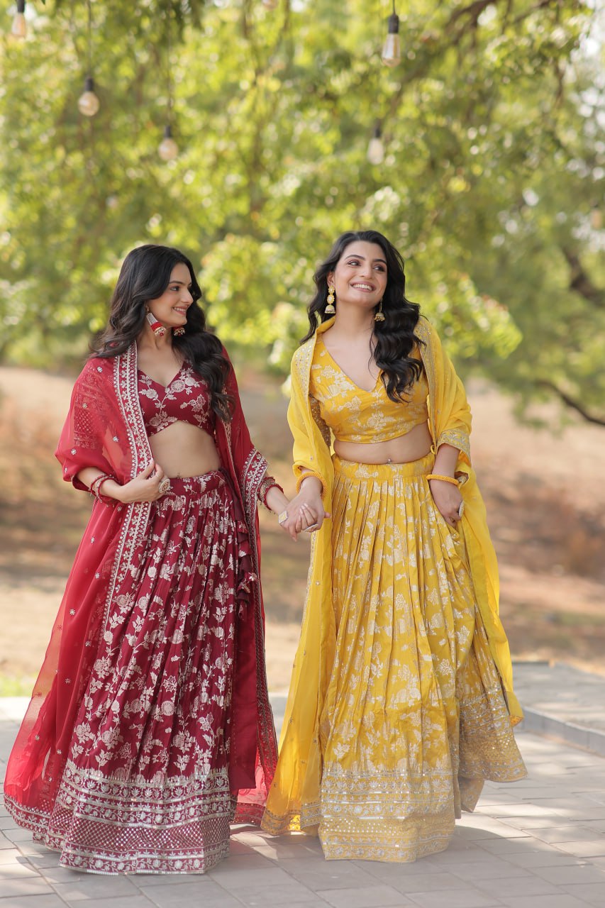 Designer Dyeable Pure Viscose Jacquard fabric Lehenga Choli &amp; Dupatta Set