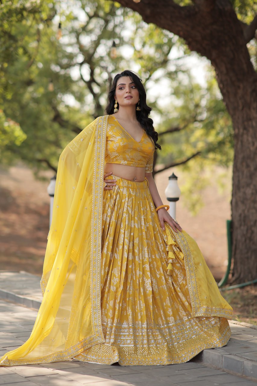 Designer Dyeable Pure Viscose Jacquard fabric Lehenga Choli &amp; Dupatta Set