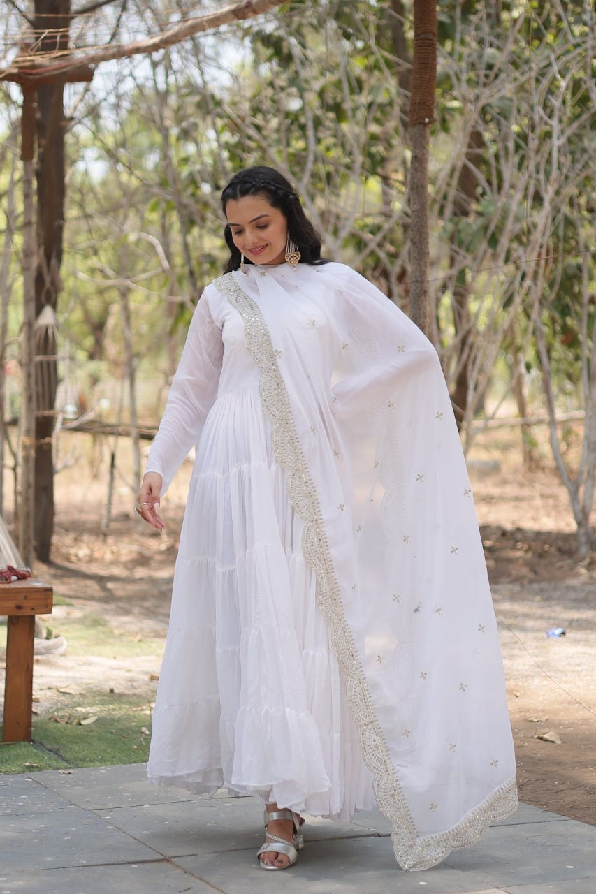 Desirable Women's gown Made With Faux Blooming Fabrics and Designer Embroidered Dupatta